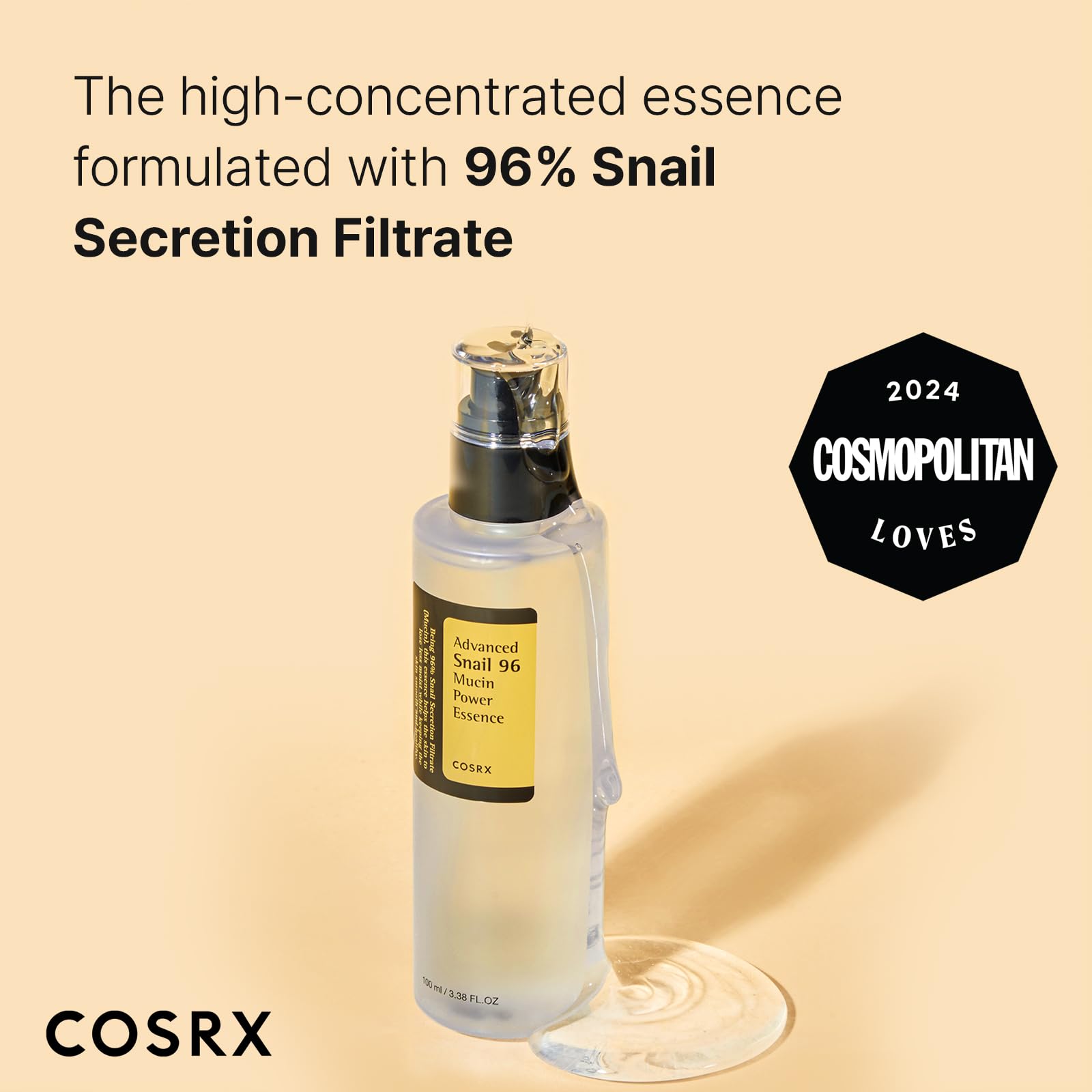 COSRX Snail Mucin 96% Power Repairing Essence 3.38 fl.oz 100ml, Hydrating Serum for Face with Snail Secretion Filtrate for Dull Skin & Fine Lines, Korean Skin Care: 3.35 Fl Oz (Pack of 1)