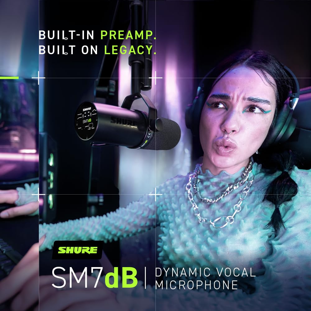Shure  Microphone - Vocal Dynamic Studio Mic for Broadcast, Podcast, Recording, Gaming & Streaming, XLR, Rugged Construction, Detachable Windscreen, Smooth Sound, Warm Vocals, Wide-Range Frequency: SM7dB (Built-In Preamp)