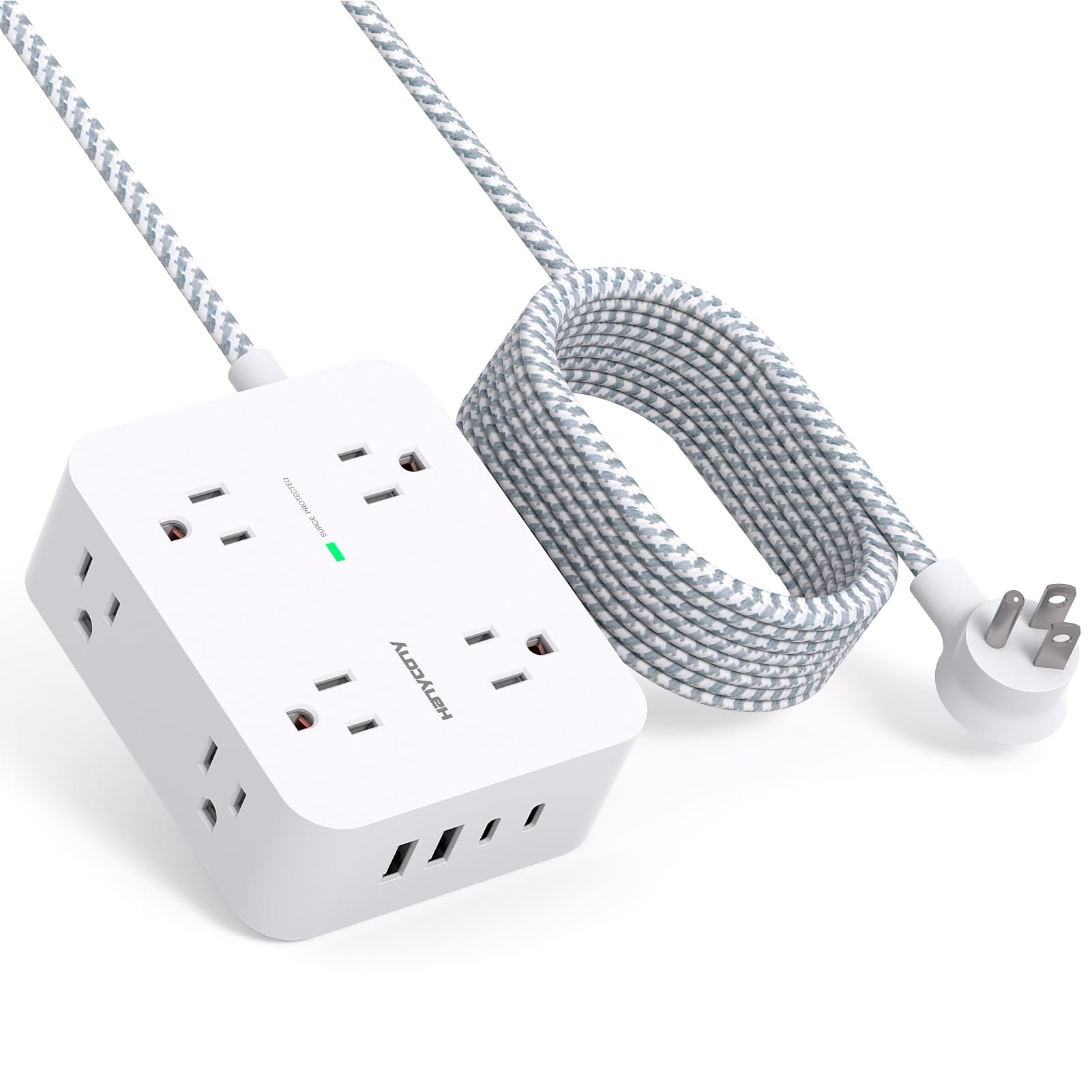 Surge Protector Power Strip - HANYCONY 8 Outlets 4 USB (2 USB C) Charging Ports, Multi Plug Outlet Extender, 5Ft Braided Extension Cord, Flat Plug Wall Mount Desk Charging Station for Home Office ETL: 10Ft White