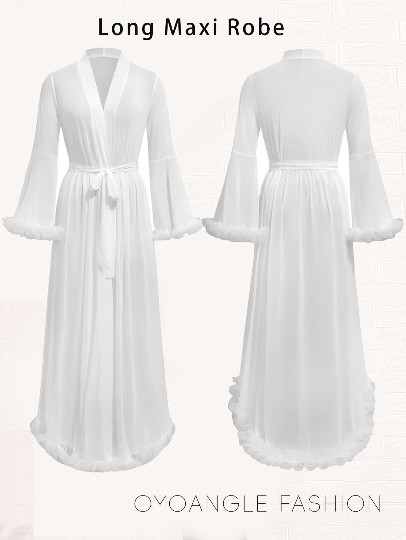 OYOANGLE Women's Ruffle Trim Long Sleeve Belted Sheer Mesh Wedding Bride Robe Nightgown: Small White