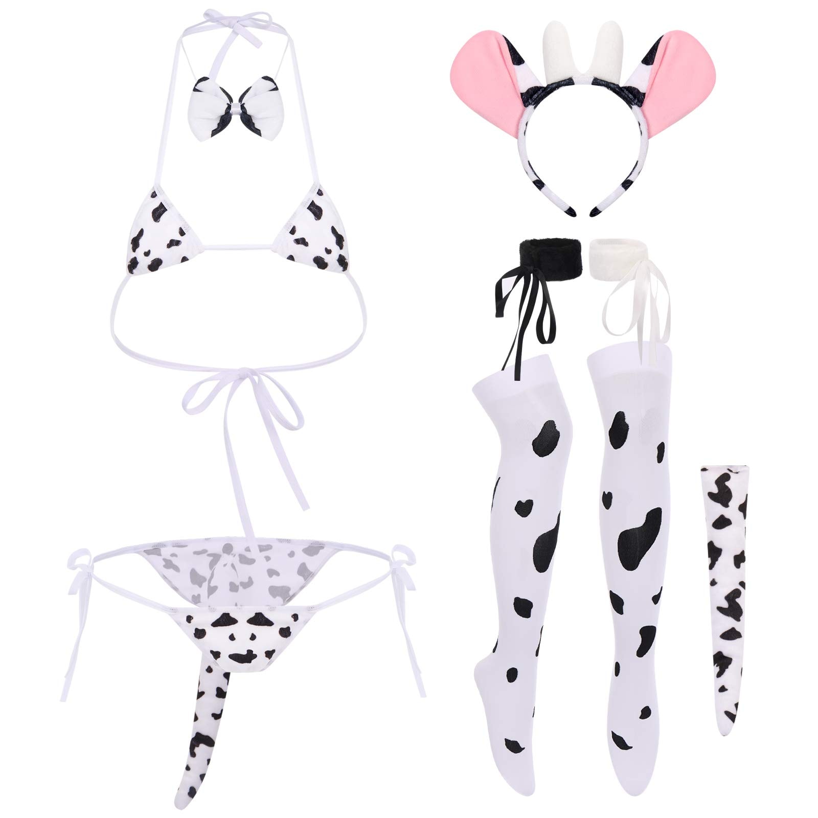 FYMNSI Women Sexy Milk Cow Lingerie Set Anime Maid Cosplay Costume Mini Bikini Bra Bodysuit with Bell Choker Stockings Outfit: One Size Cow Bikini Set