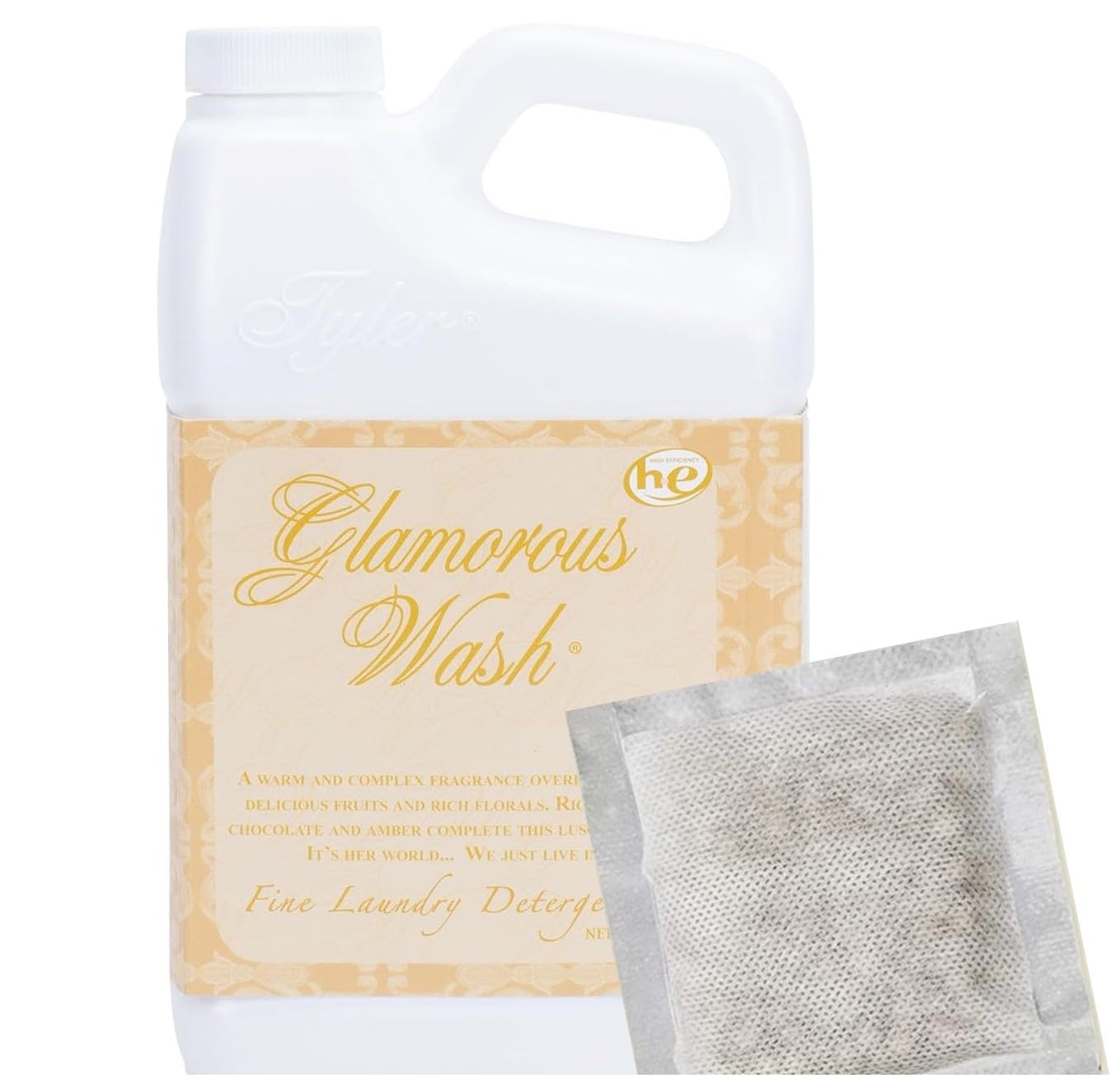 Tyler Candle Company Glamous Laundry Detergent, Diva, Liquid, 32 FL Oz HE Safe/with Dryer Sachet Single Pouch fl