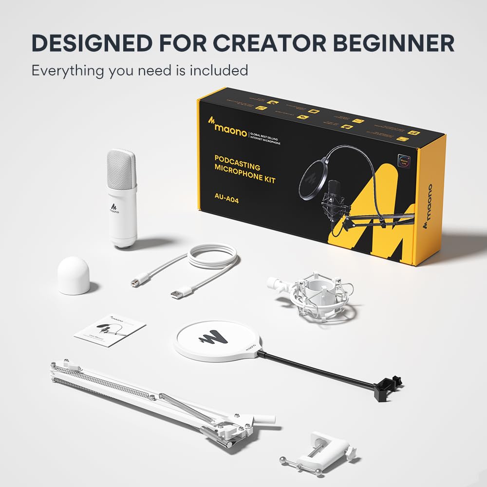 USB Microphone, MAONO 192KHZ/24Bit Plug & Play PC Computer Podcast Condenser Cardioid Metal Mic Kit with Professional Sound Chipset for Recording, Gaming, Singing, YouTube (AU-A04): White