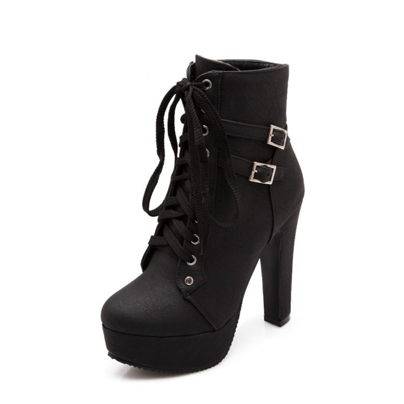 ForeMode Women's Goth Leather Block Heel Ankle Boots Fashion Studded Ankle Strap Trim Punk Boots