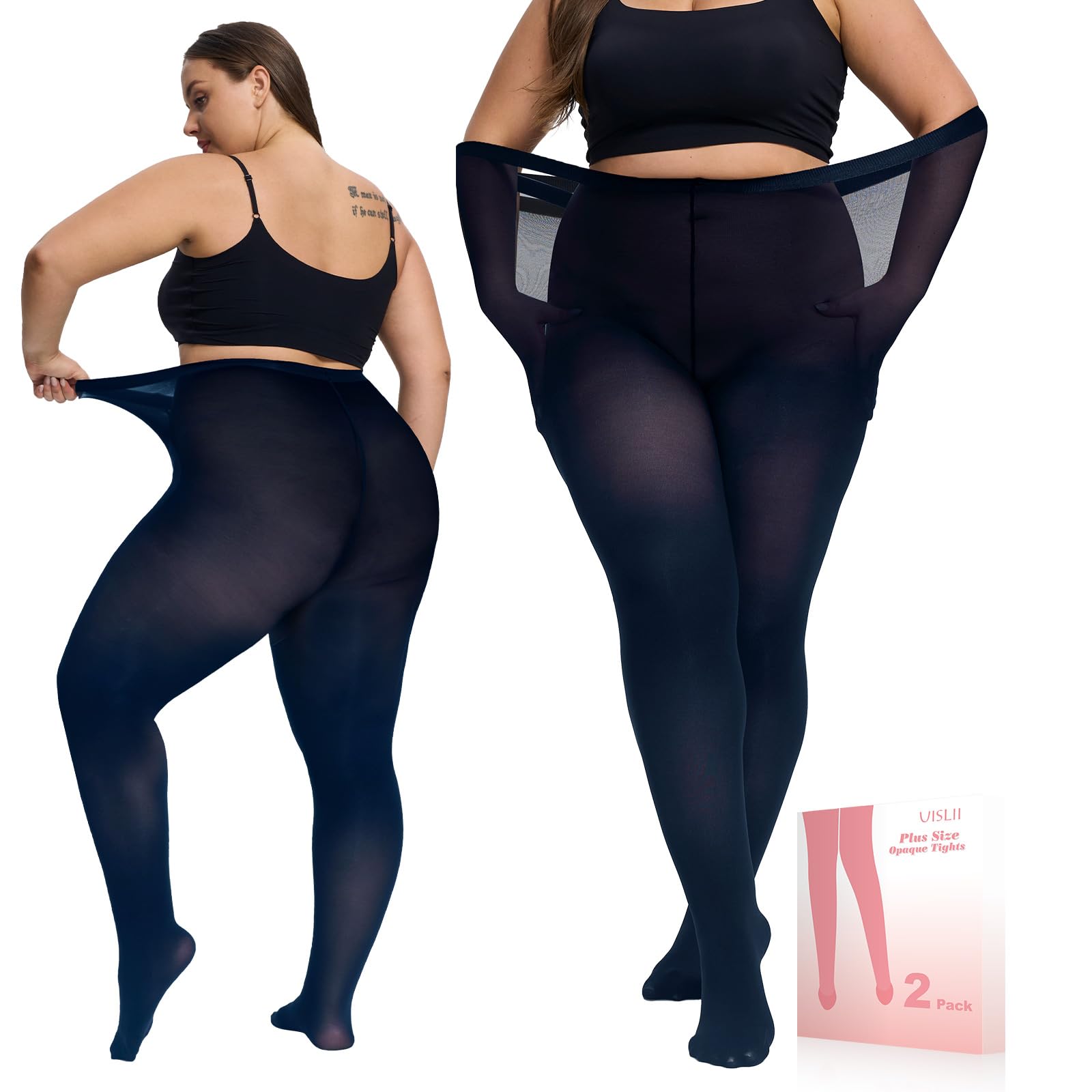 UISLII Plus Size Tights for Women,2 pairs 80D Semi Opaque Tights women,Solid Color Soft High Waist Stockings Size Up to 6XL.: Dark Blue 3X-Large-4X-Large