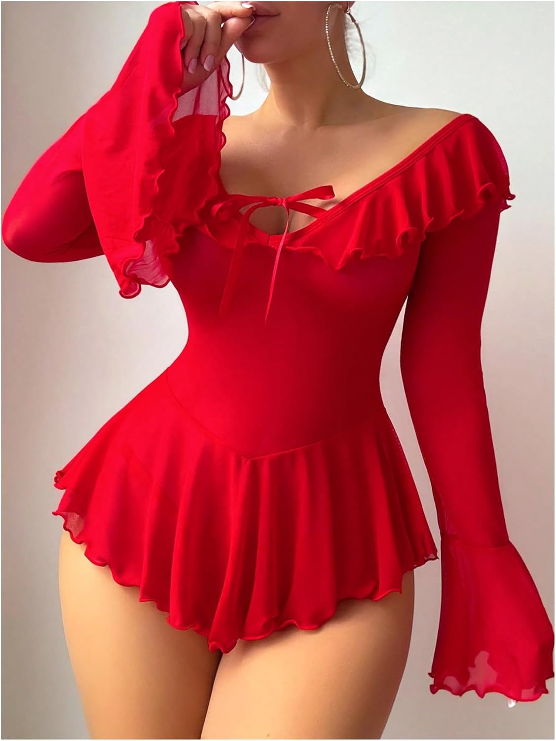 Neohouny Sexy Lingerie for Women Rave Outfits Clubwear See Through Lingerie Sets Bell Sleeve Ruffle Mesh Tops: Red Small