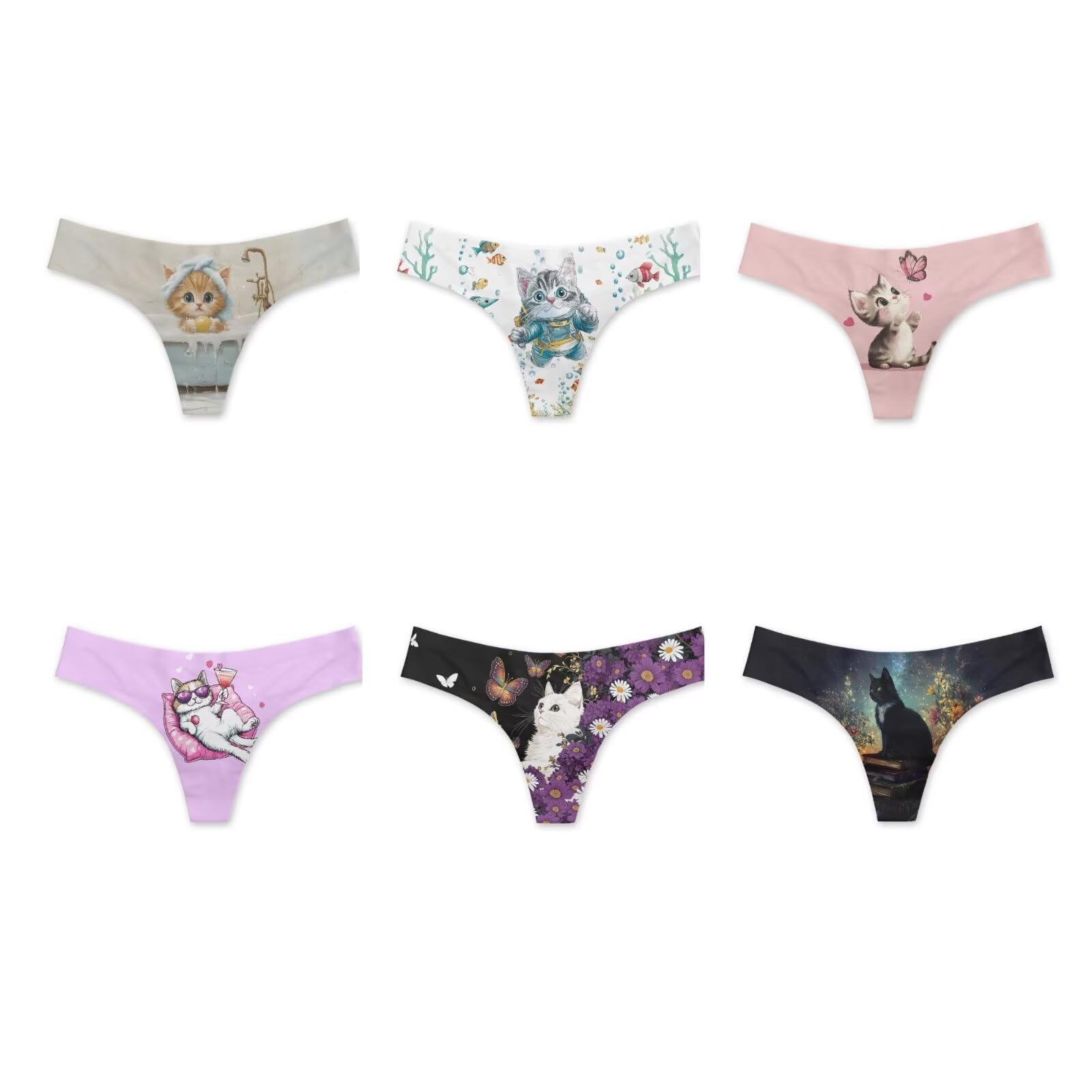 Coloranimal Seamless G-String & Thongs for Women & Lady 6 Piece Low Rise Underwear: Medium Cute Cat Cartoon