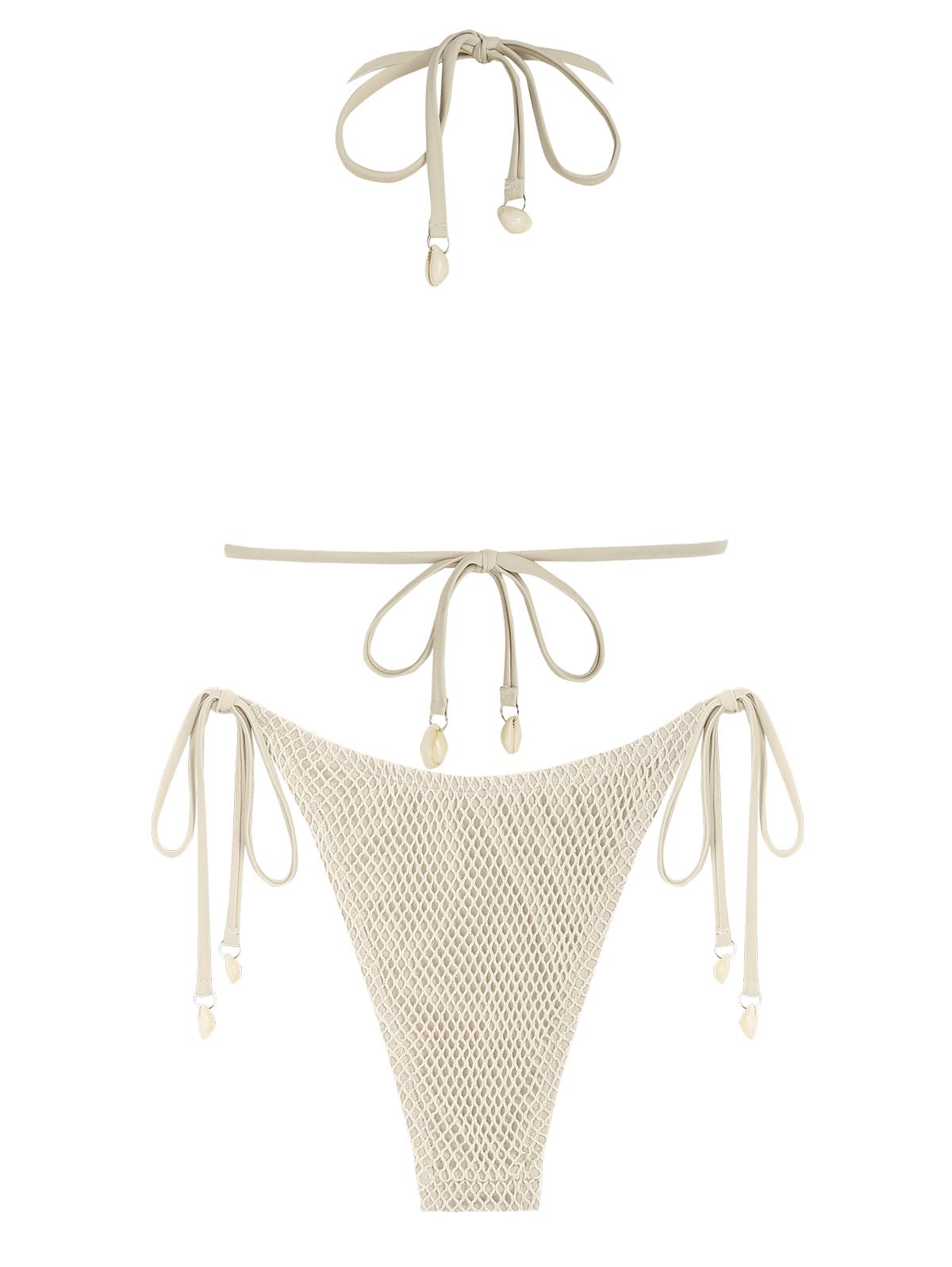 ZAFUL Women's Triangle Bikini Multiway Fishnet Tie Side Bandeau Halter String Bikini Set Two Piece Swimsuit Bathing Suits: 1-light Coffee Small