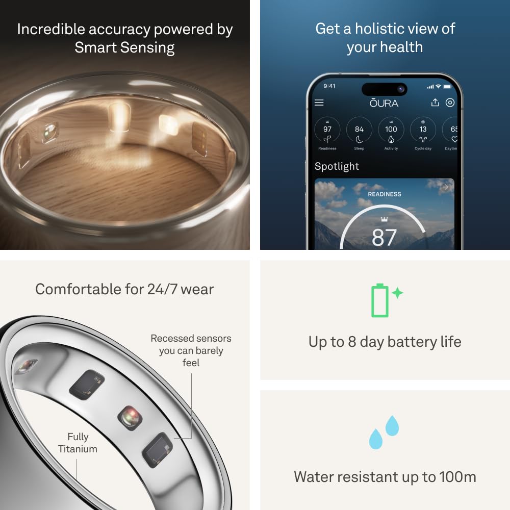 Oura Ring 4 - Silver - Size 8 - Smart Ring - Unique Sizing, Not Standard US Ring Sizes - Size First - Sleep Tracking Wearable - Heart Rate - Fitness Tracker - Up to 8 Days of Battery Life