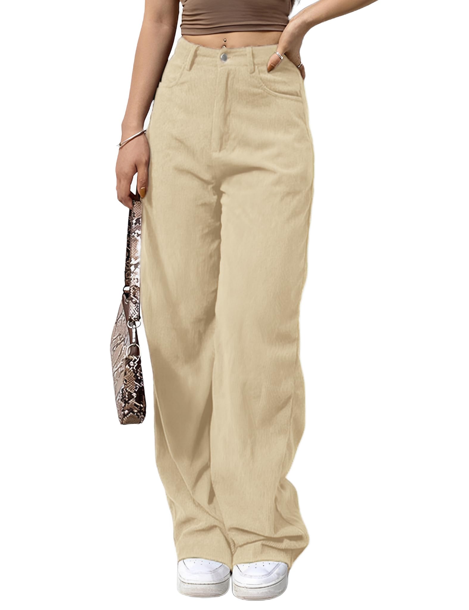 Himosyber Corduroy Pants for Women Casual Elastic High Waist Stretchy Wide Leg Pants Loose Fit Comfy Trousers with Pockets thumbnail 1