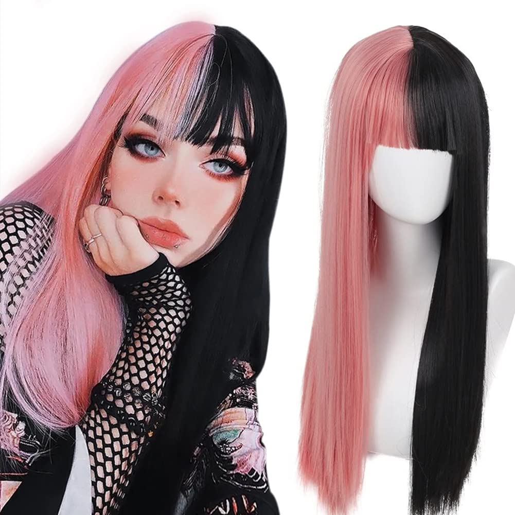 Swiking Lolita Wig - Half Pink, Half Black, Long Straight Cosplay Wig With Bangs, Natural Synthetic Hair