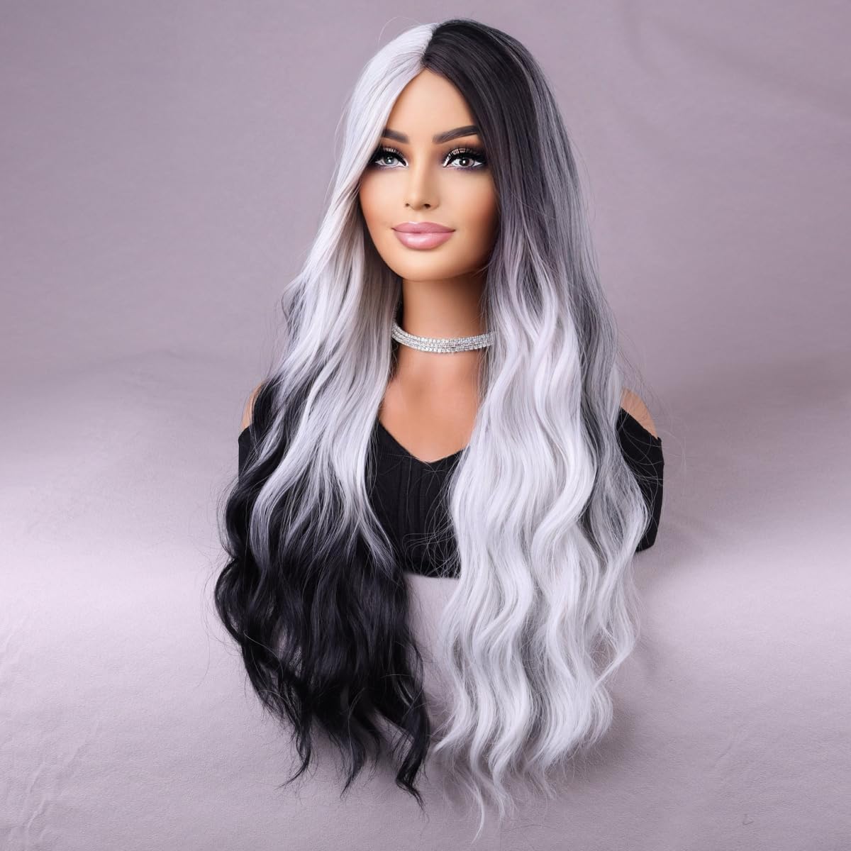 MAGQOO  Flame Fire Wig - Long Curly Wavy Ombre Wigs for Women & Girls - Middle Part, Heat Resistant, High Density Synthetic Wigs: Black White