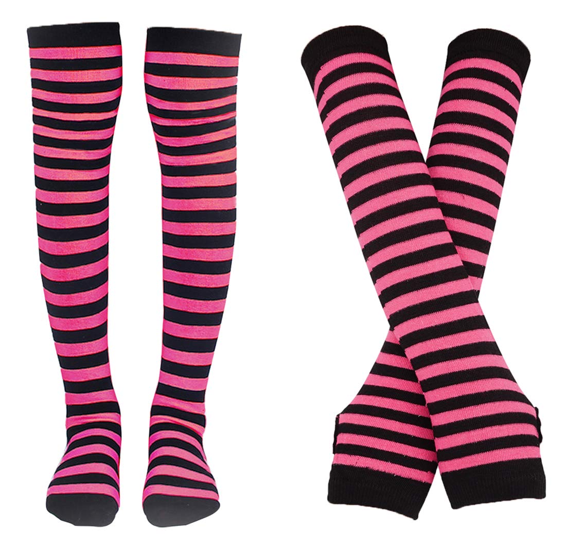Bienvenu Womens Socks Striped Knee High Socks Arm Warmer Fingerless Gloves Set: Fuchsia