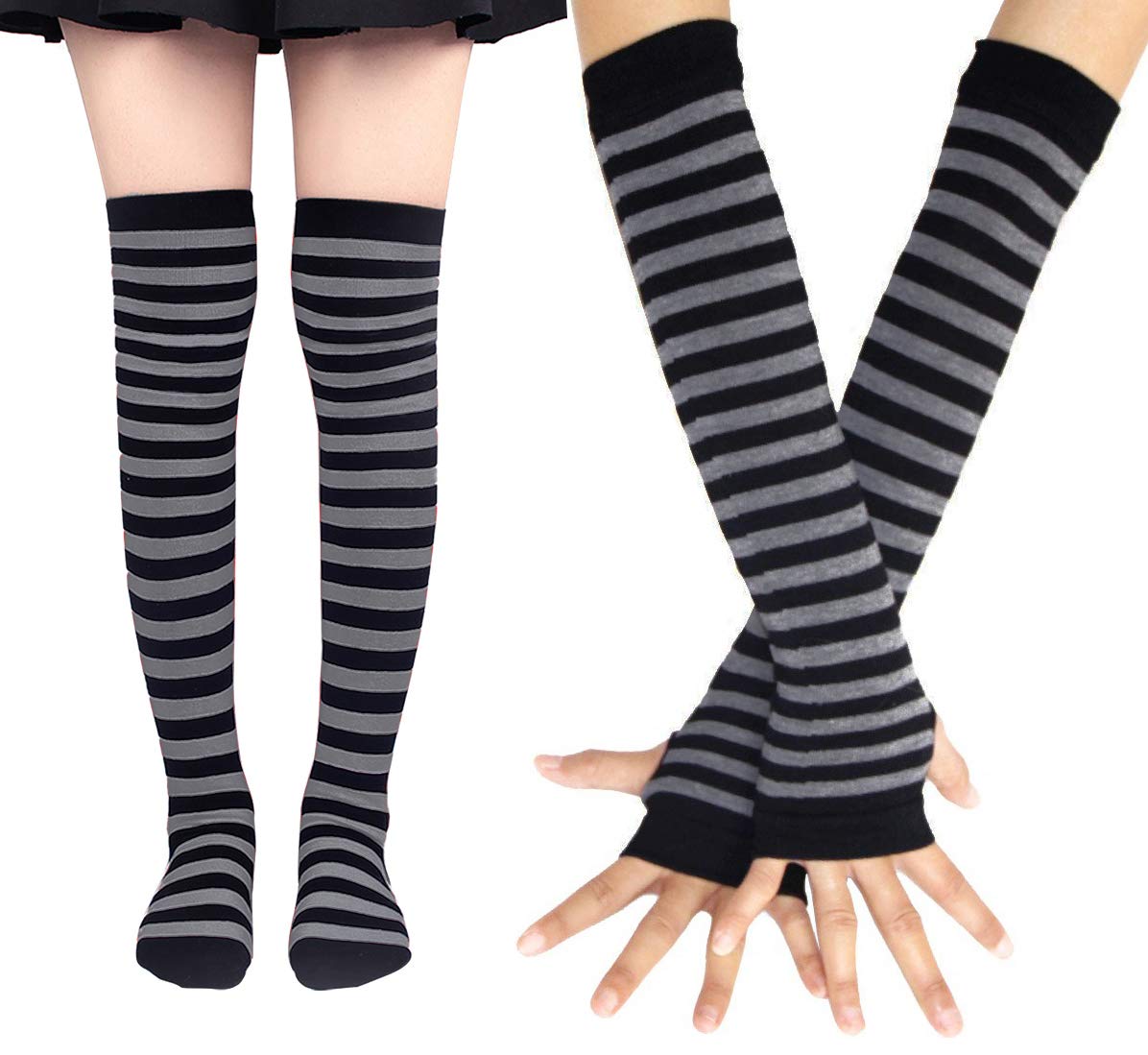 Bienvenu Womens Socks Striped Knee High Socks Arm Warmer Fingerless Gloves Set: Grey