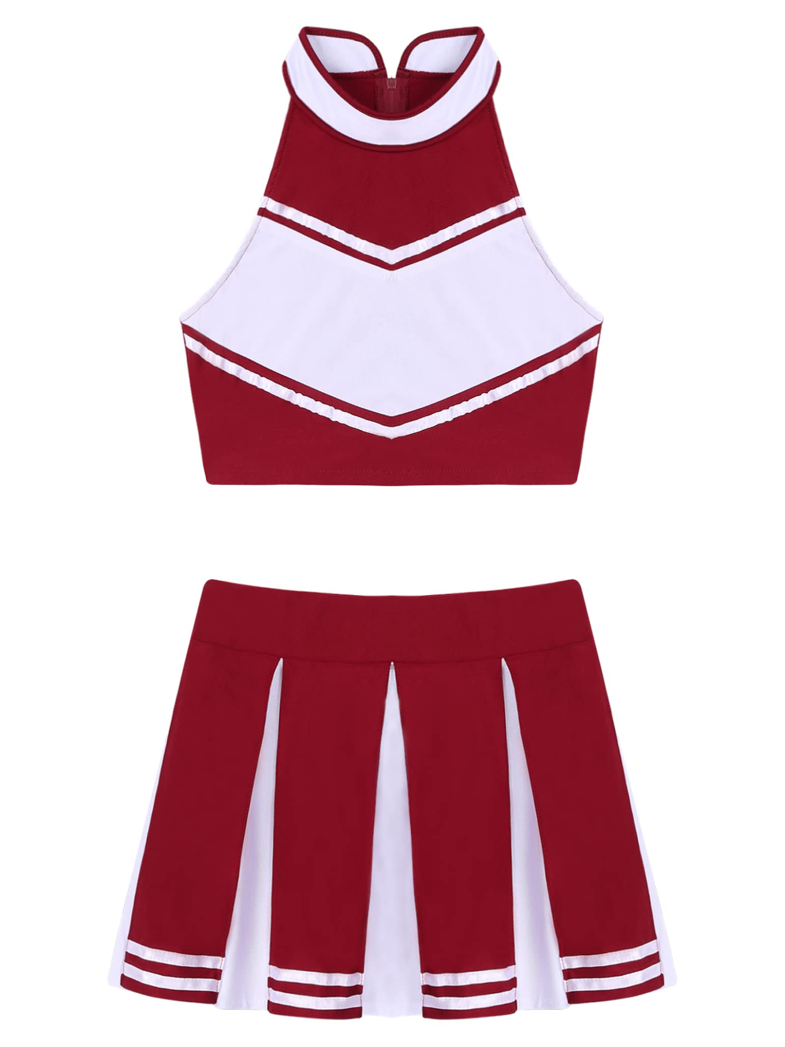 TSSOE Women Cheer Leader Costume Uniform Cheerleading Adult Dress Outfit Crop Top with Pleated Mini Skirt: Wine Red Small