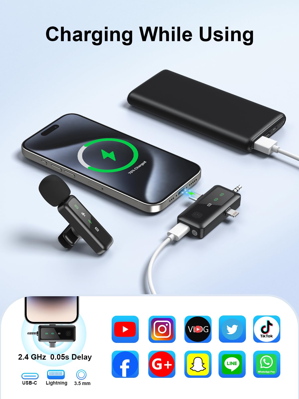Wireless Lavalier Microphone for iPhone 5-14 Series, LED Display Mini Lav for iPhone with Noise Cancelling, Lapel Mic Wireless 2 pack for Content Creator Video Recording, Vlogging (Lightning Only): 3IN1 RX Mic