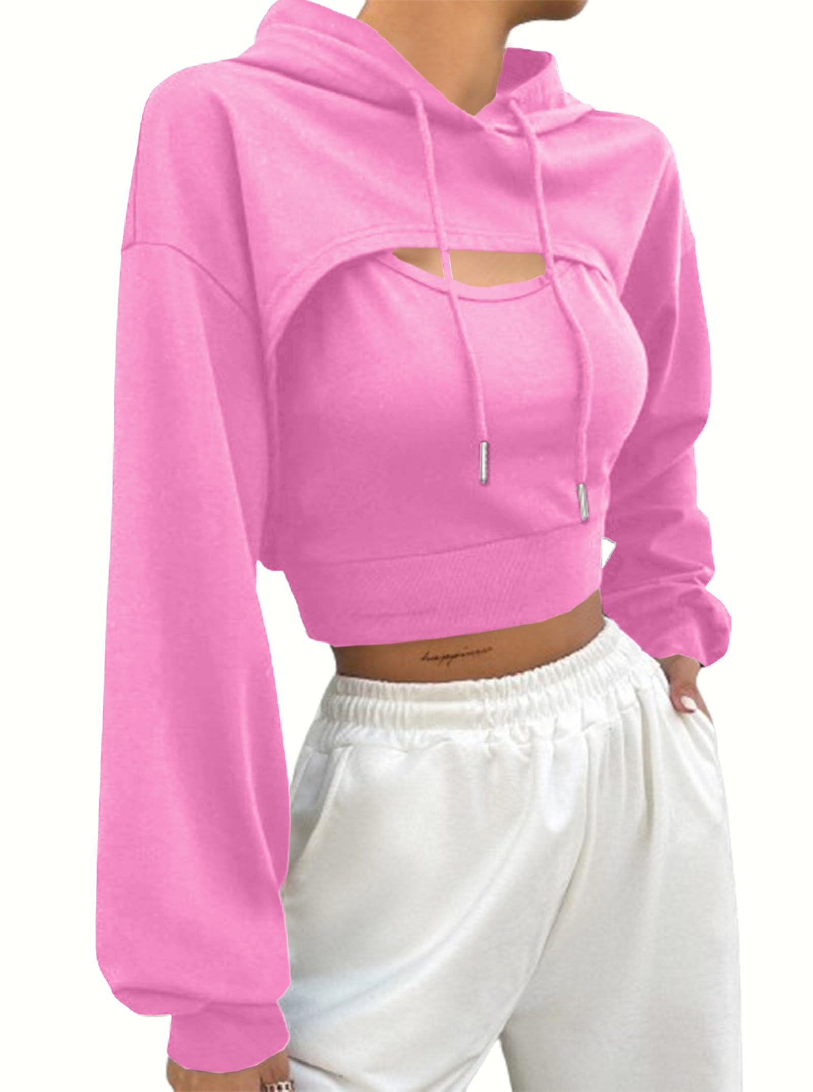 Hilinker Women's Long Sleeve Cropped Hoodie Workout Drawstring Super Crop Tops without Camisole