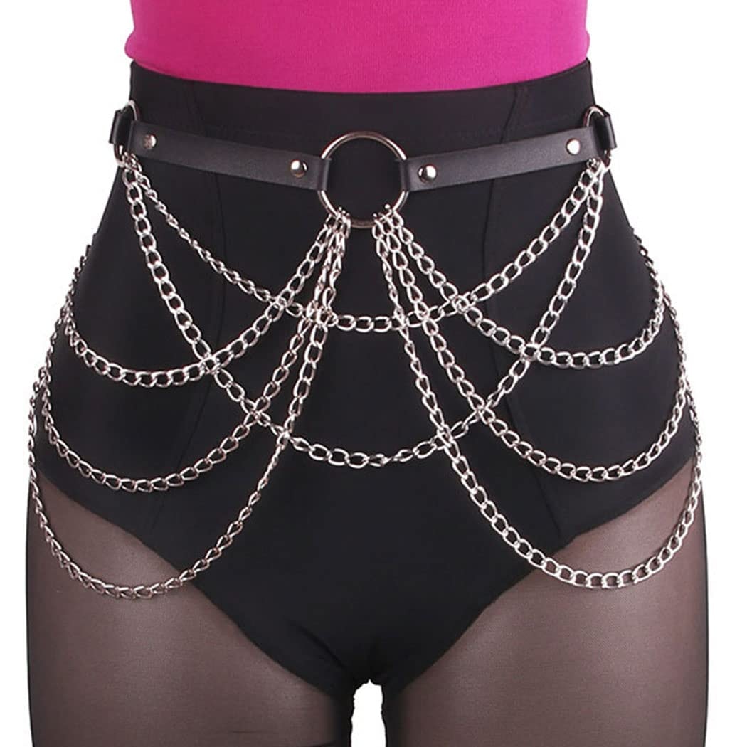 Cosydays Punk Leather Waist Chain Belt Black Harness Body Chain Layered Belly Chains Rave Outfits Body Chain Jewelry for Women: Cosydays Punk Leather Waist Chain Belt Black Harness Body Chain Layered Belly Chains Rave Outfits Body Chain Jewelry for Women