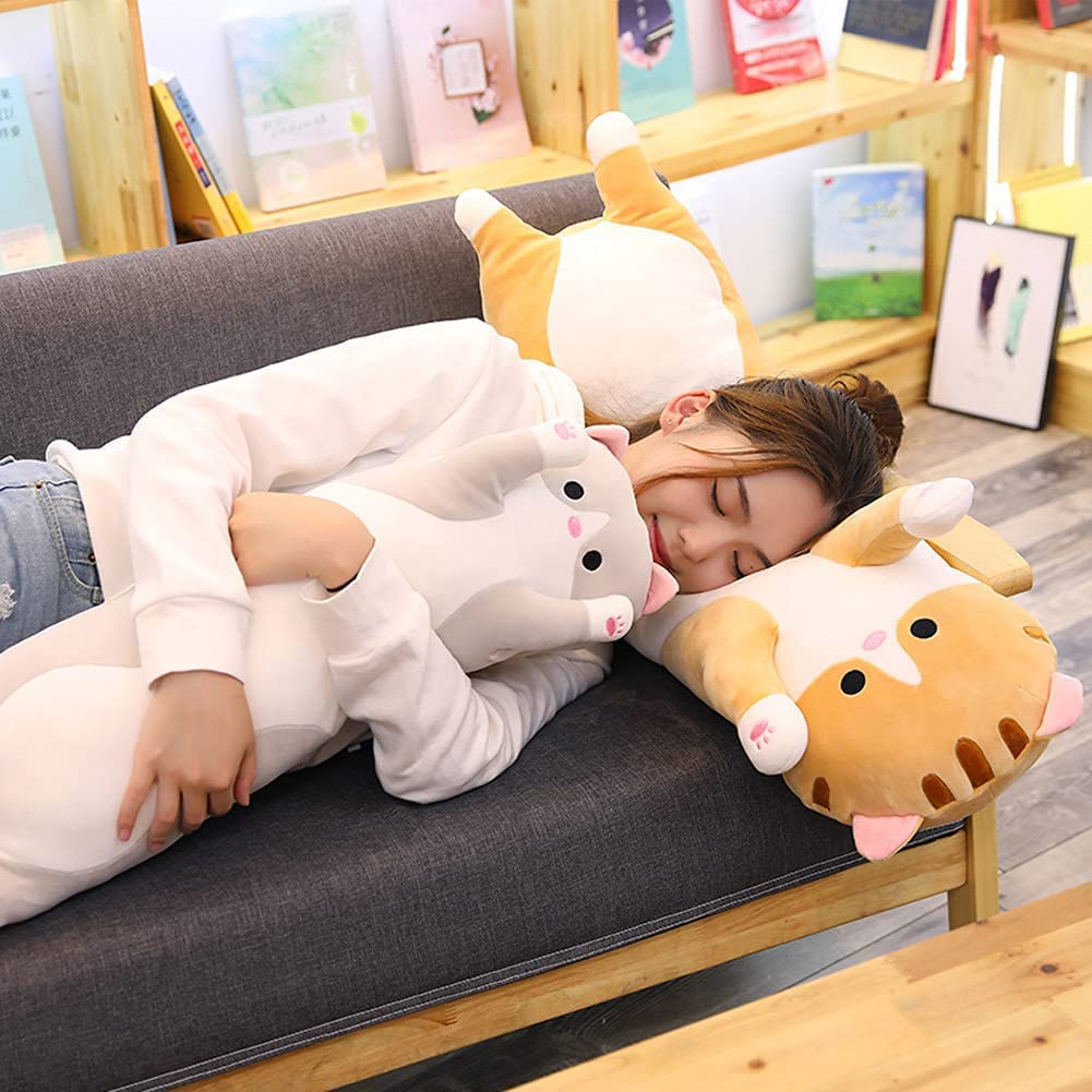 Cute Cat Plush Long Body Pillow Cuddle Cartoon Stuffed Animals Cat Plushie Soft Doll Pillows Gifts for Kids Girls (Orange, 27") thumbnail 5