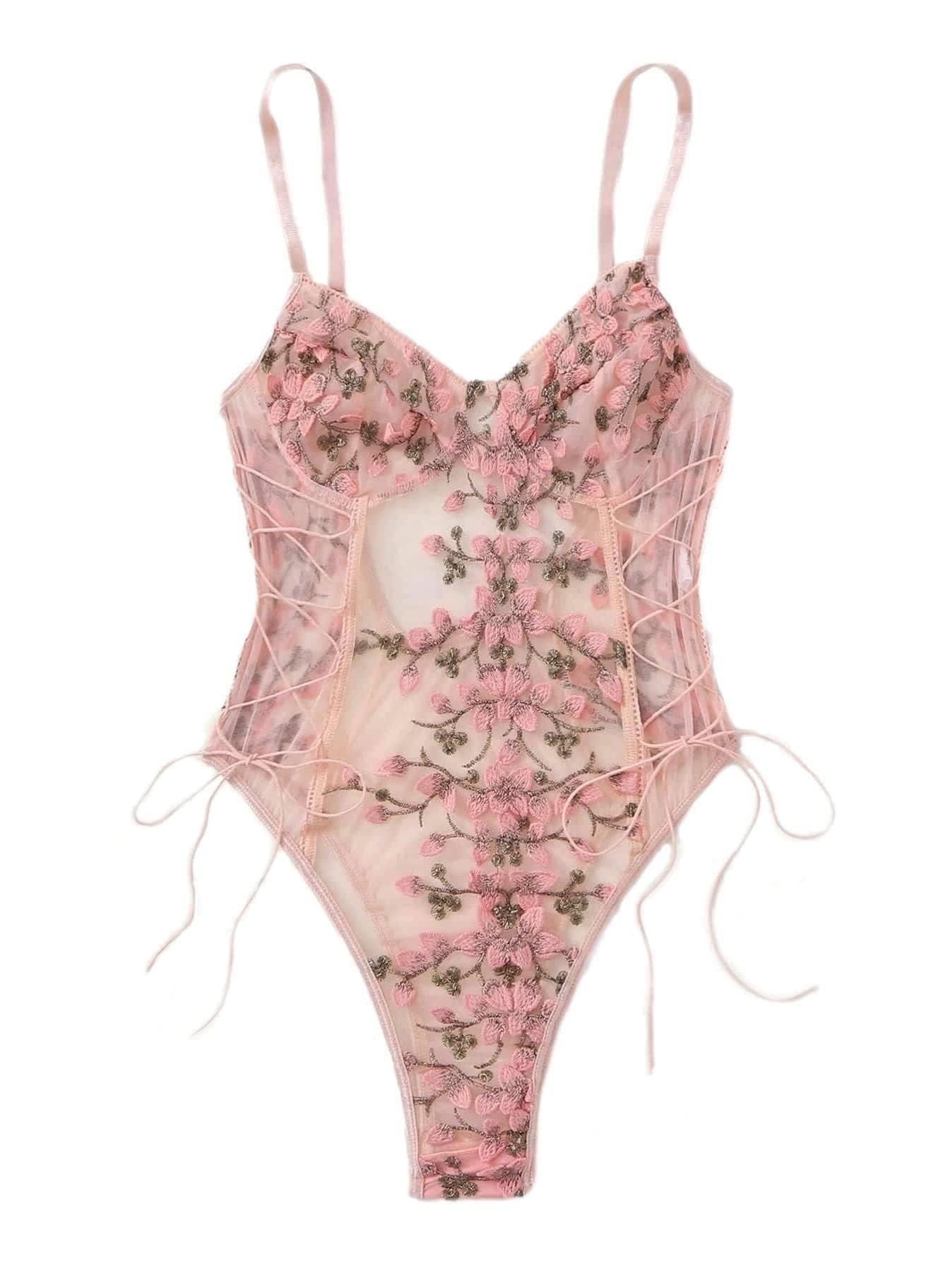 Lilosy Women Sexy Lace Up Floral Embroidered Teddy Lingerie Bodysuit Top Mesh Sheer One Piece: Small Pink