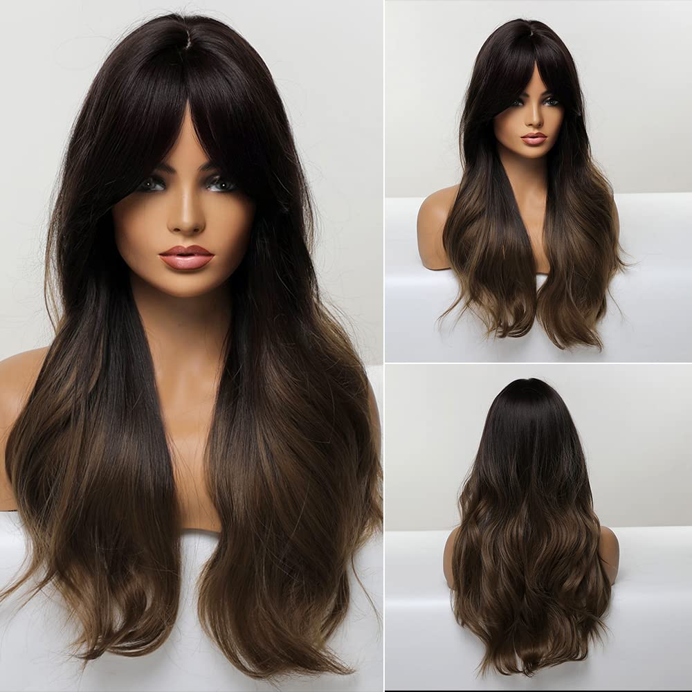 HAIRCUBE Long  Wig with Bangs Layered Curly Orange Wigs for Women Natural Synthetic Wigs for Daily Use (pelucas de cabello natural): Ombre Dark Brown