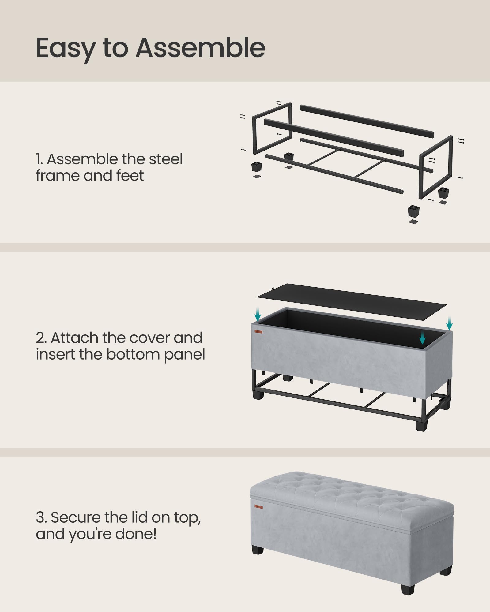 SONGMICS Velvet Storage Ottoman Bench, Foot Rest with Legs, 15.7 x 43 x 15.7 Inches, End of Bed Bench, Storage Chest, Load up to 660 lb, for Living Room, Bedroom, Entryway,  ULSF089C01: Dove Gray