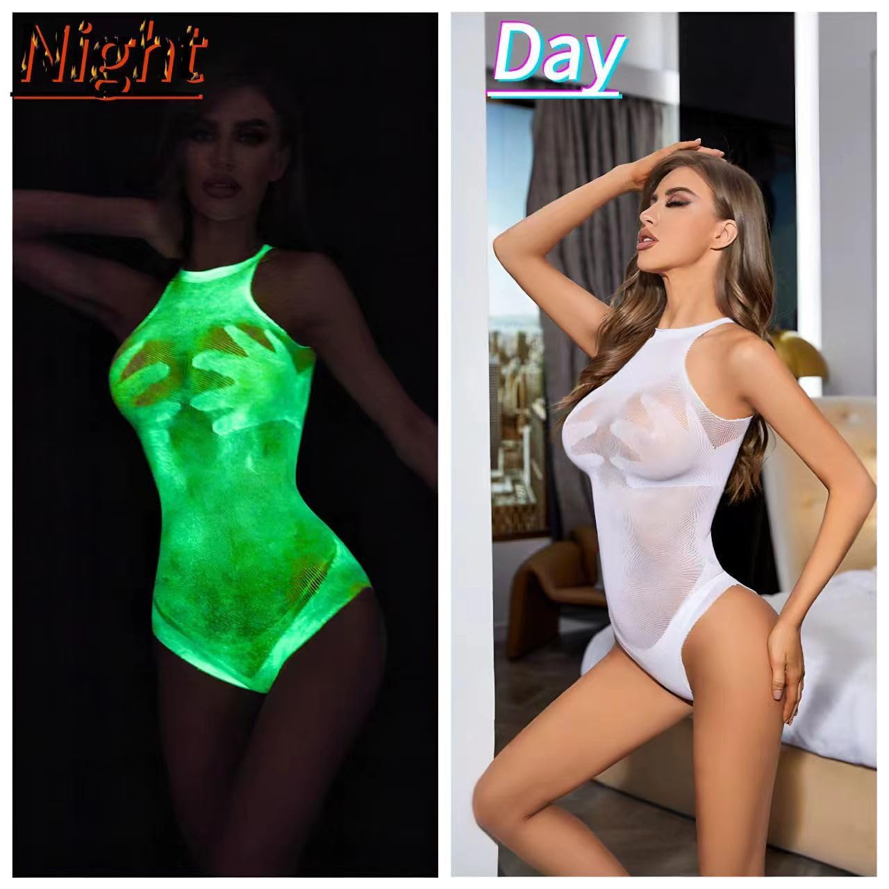 DTWAWA Glow in the Dark Sexy White Fishnet Stockings, Stylish Bodysuit Leggings for Womens Party thumbnail 4