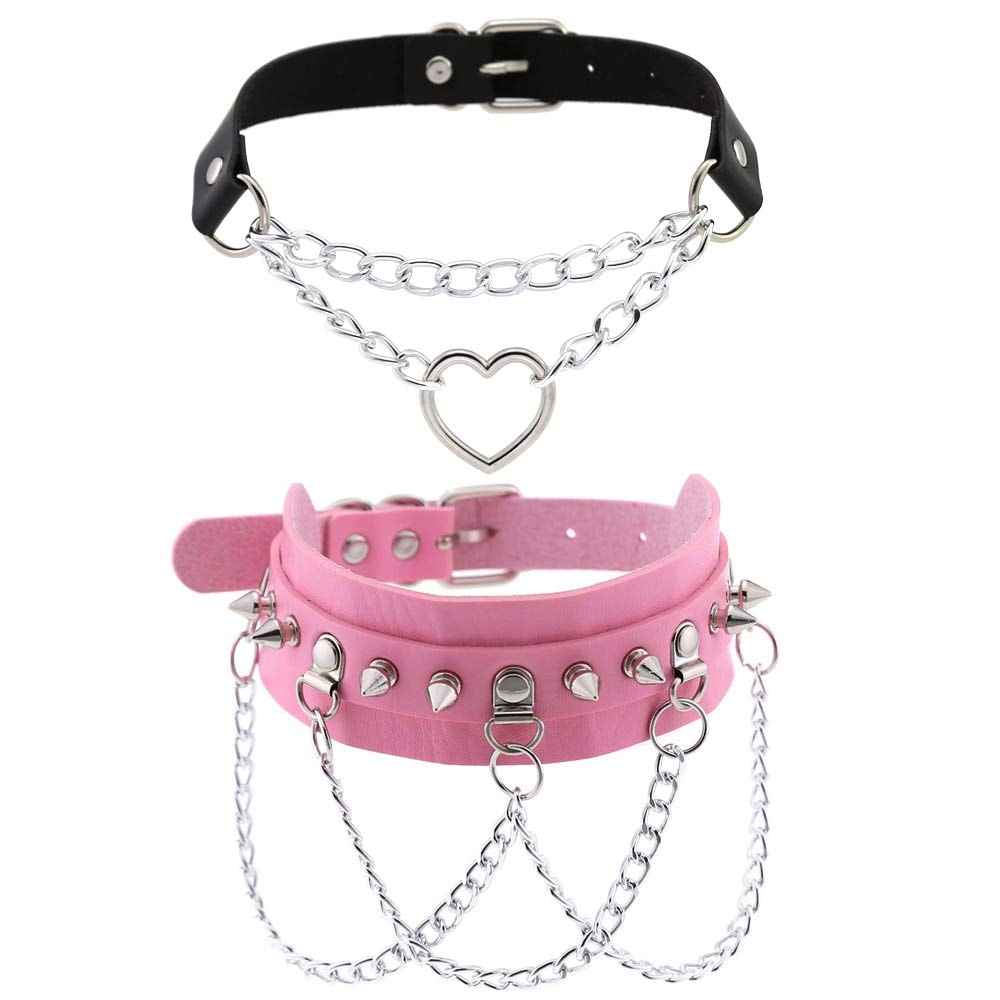 Leather Choker Collar Necklace, Heart Shape Gothic Punk Rock Choker Necklace Collars - Image 1