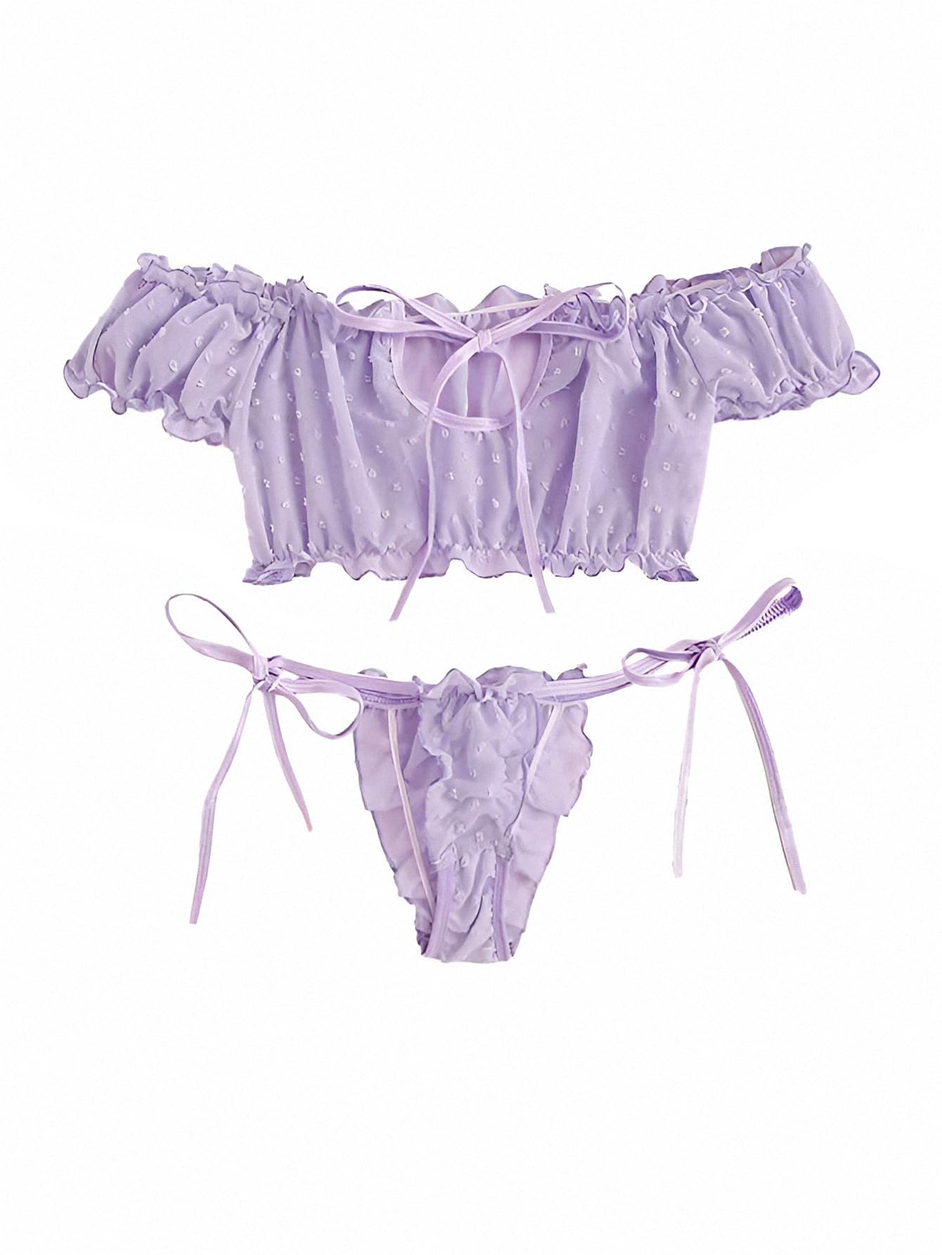 Lilosy Sexy Stretch Ruffle Tie Sheer Mesh Lingerie Set Outfits: Chiffon Medium Chiffon Lavender Purple