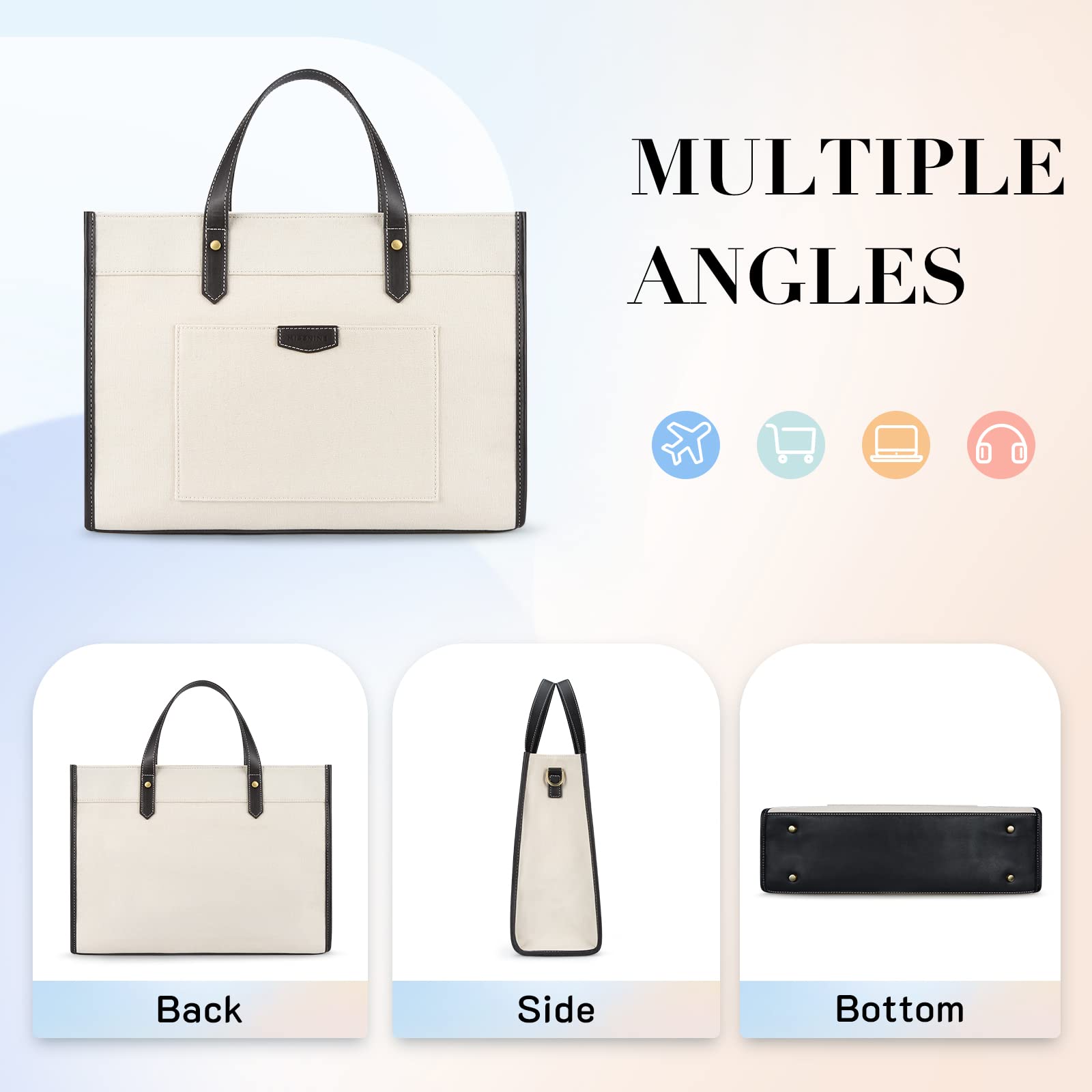 Missnine Tote Bag Canvas Laptop Bag 15.6 inch Briefcase for Women Large Capacity Handbag for Office, College, Travel (Black+Beige)