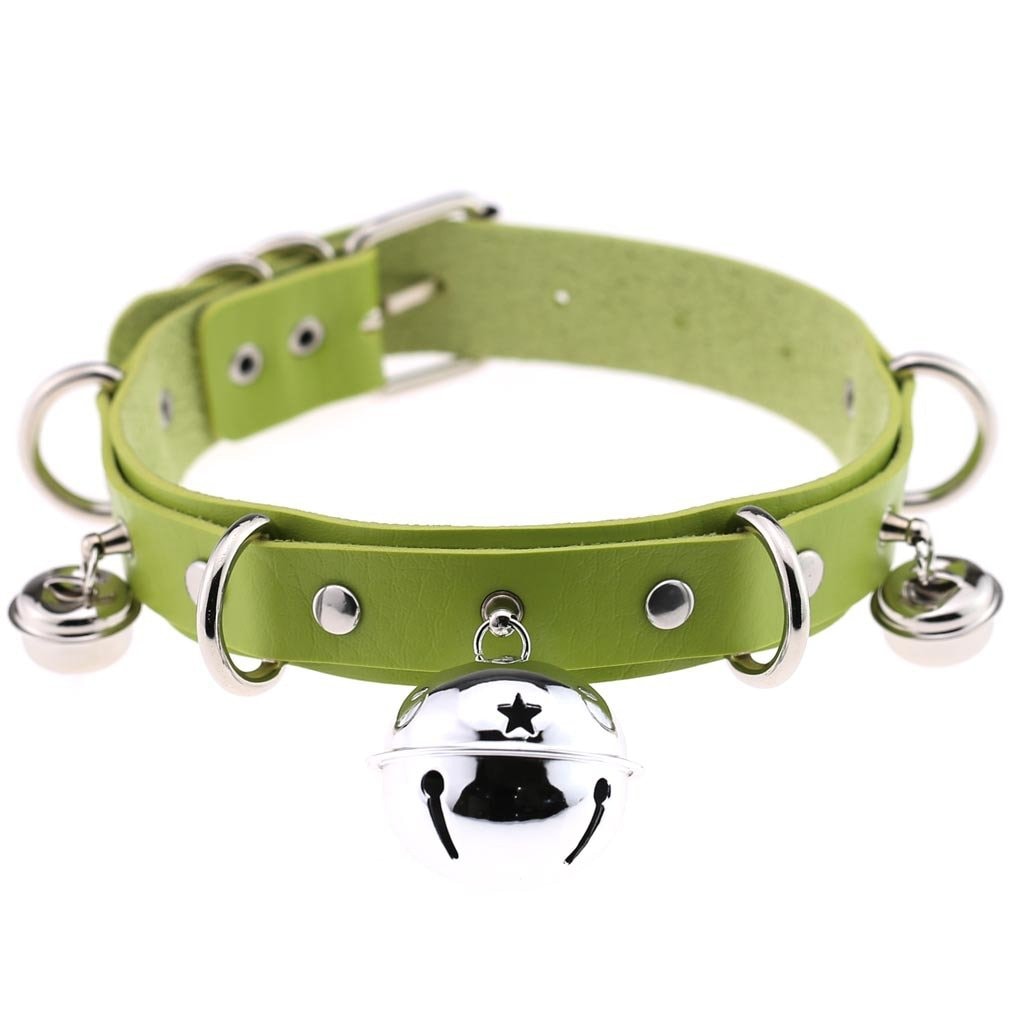 FM FM42 Multicolor PU Simulated Leather Black-tone Silver-tone 4cm Large Bell Rivets Neckband Choker Necklace: Silver-tone Bell &amp; Green