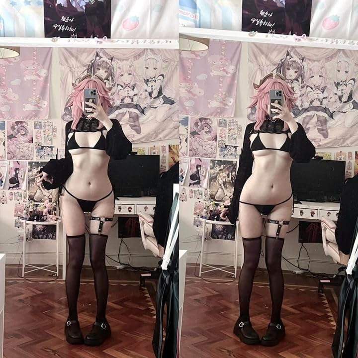 KORURACLUB Knitting Coziest Devil costume（7-Piece Set） Grey premium sweater cosplay lingerie for women cosplay costume: Black