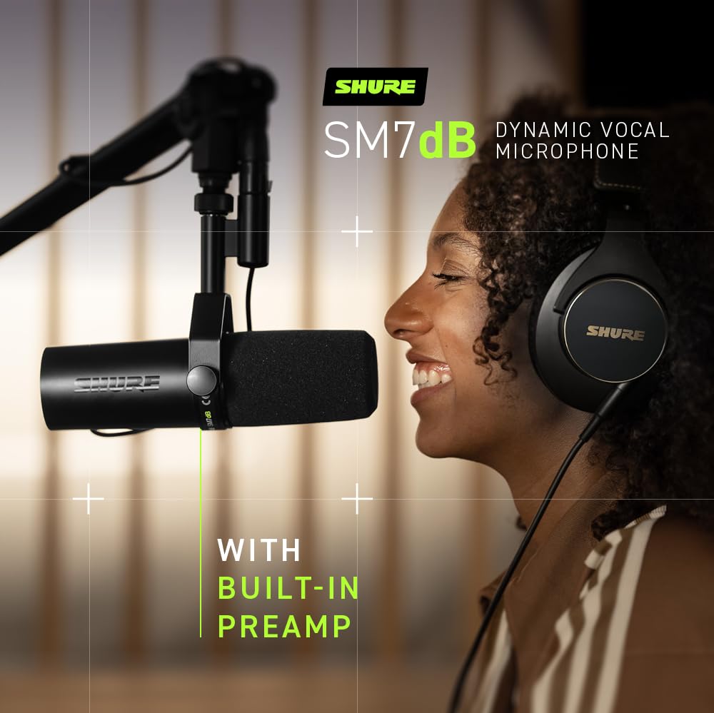 Shure  Microphone - Vocal Dynamic Studio Mic for Broadcast, Podcast, Recording, Gaming & Streaming, XLR, Rugged Construction, Detachable Windscreen, Smooth Sound, Warm Vocals, Wide-Range Frequency: SM7dB (Built-In Preamp)