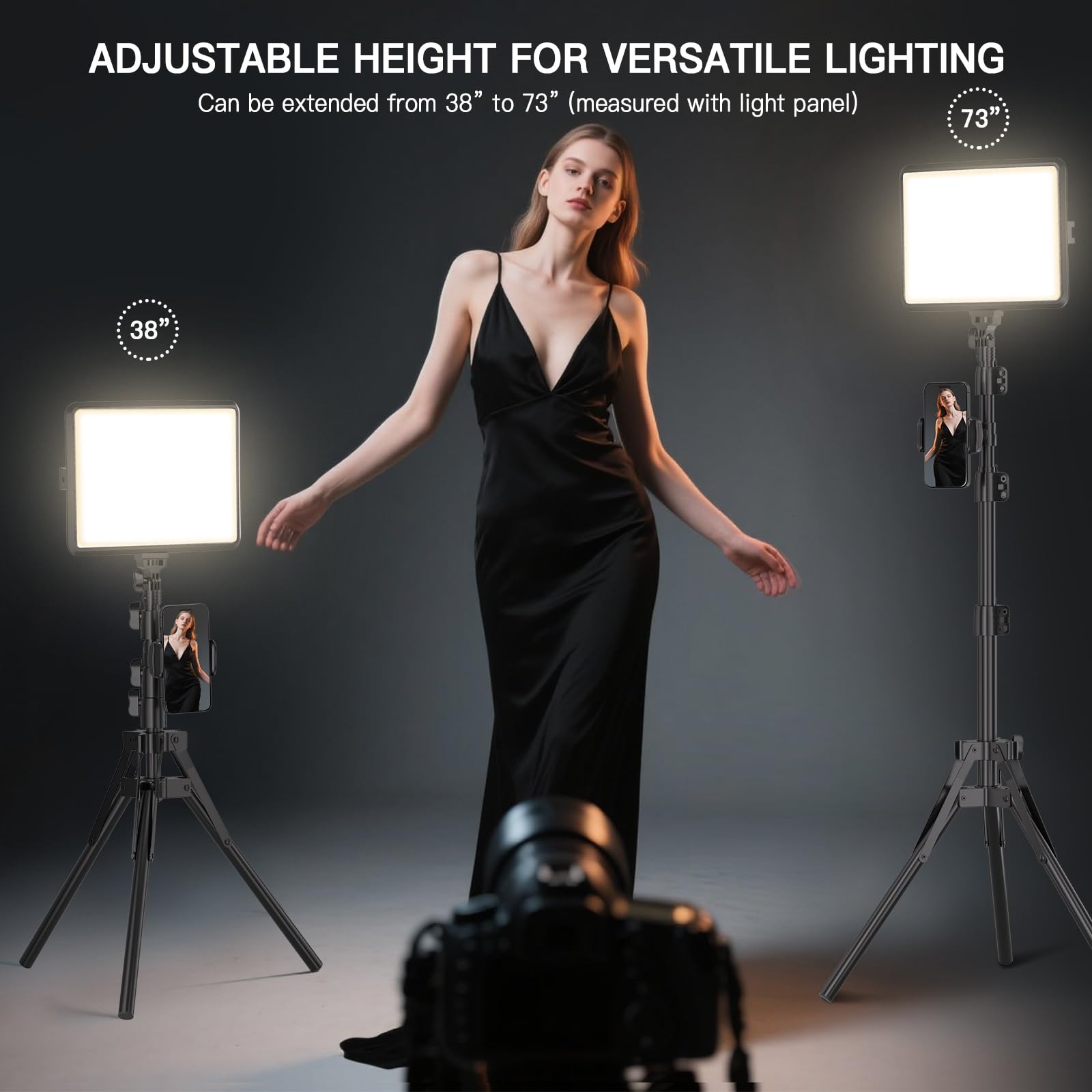 2-Pack Photography Lighting Kit, NiceVeedi 22W LED Video Light Kit, 2900-7000K Dimmable Studio Light with Tripod Stand, 73" Stream Light for Video Recording: 15W-2 Packs(USB-C Adapters)