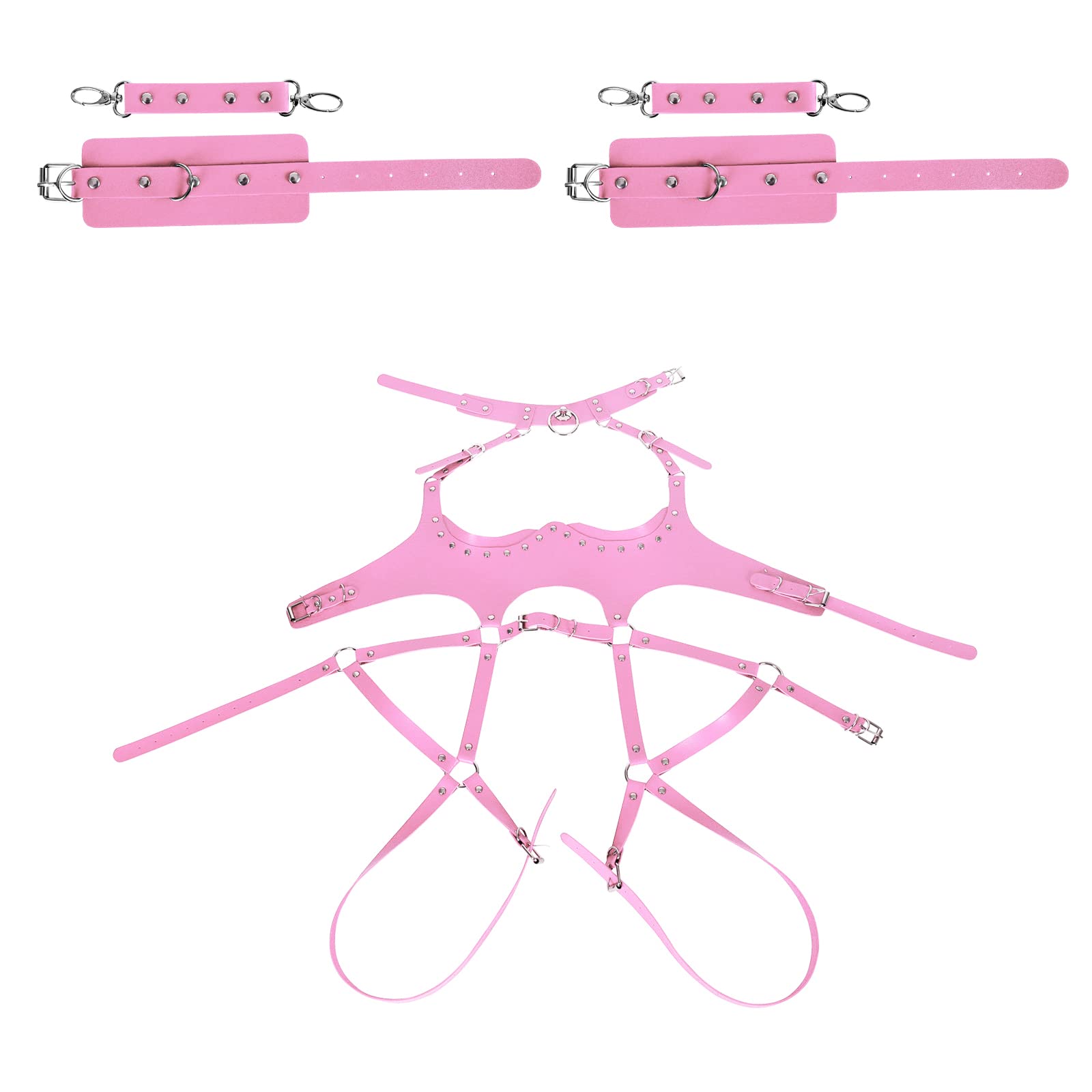 Waist Garter belt Punk Full body harness for women Photography Dance Rock Halloween Leather cage Chest strap set: Pink
