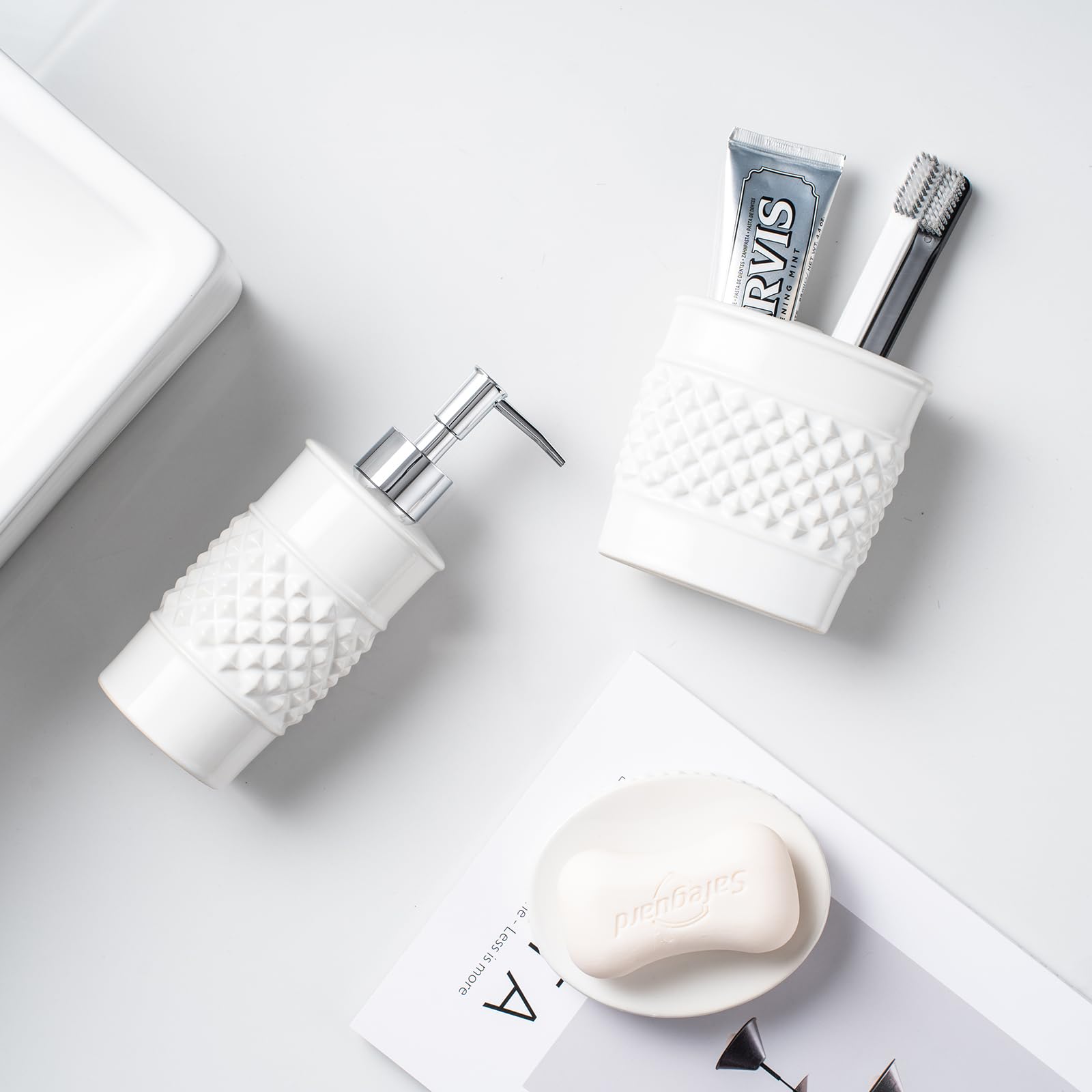 Bathroom Accessory Set, 3-Piece Ceramic Bath Accessories Set with Tray, Lotion Dispenser, and Tumbler thumbnail 8