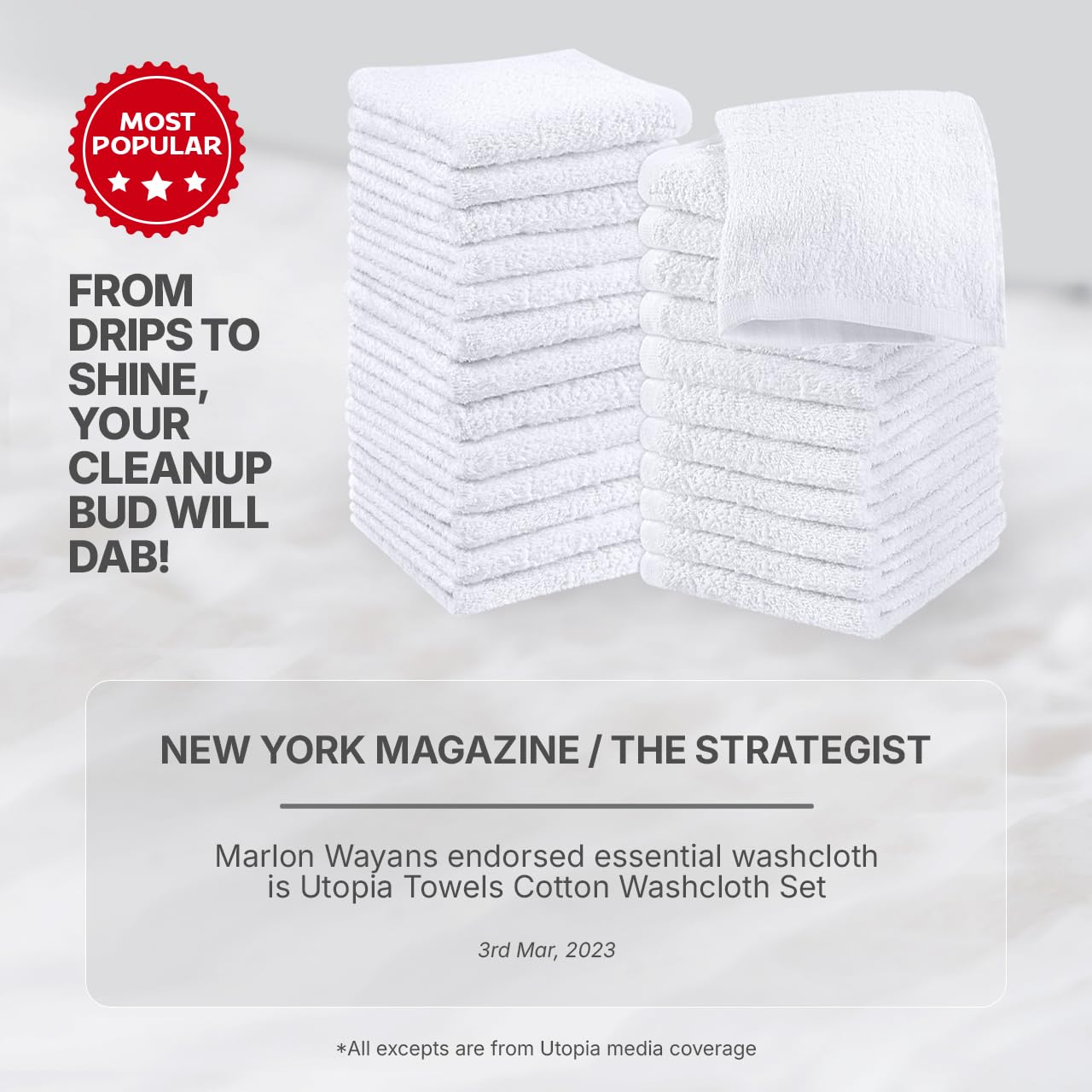 Utopia Towels Cotton Washcloths Set - 100% Ring Spun Cotton, Premium Quality Flannel Face Cloths, Highly Absorbent and Soft Feel Fingertip Towels (24 Pack, White): White 24