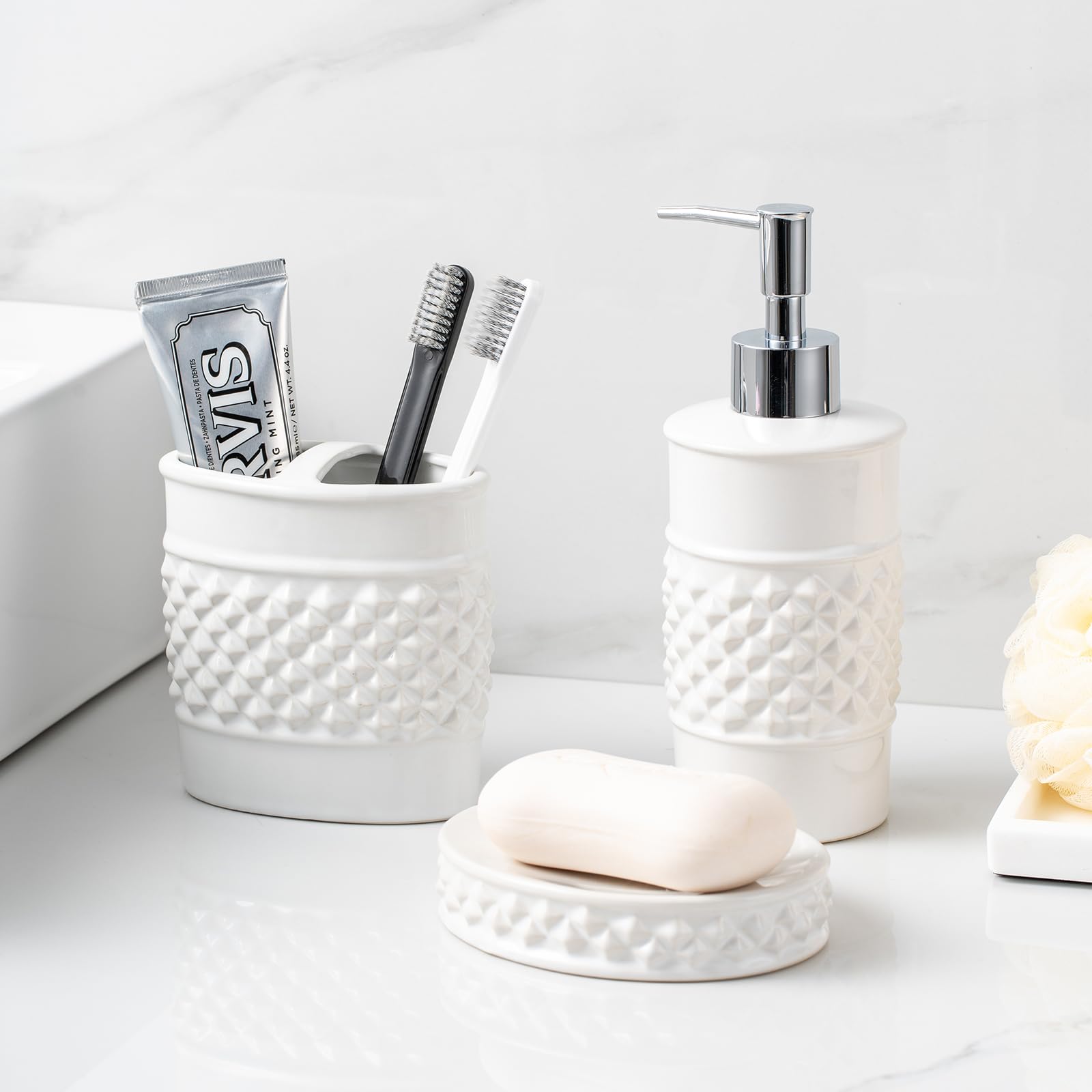 Bathroom Accessory Set, 3-Piece Ceramic Bath Accessories Set with Tray, Lotion Dispenser, and Tumbler thumbnail 3