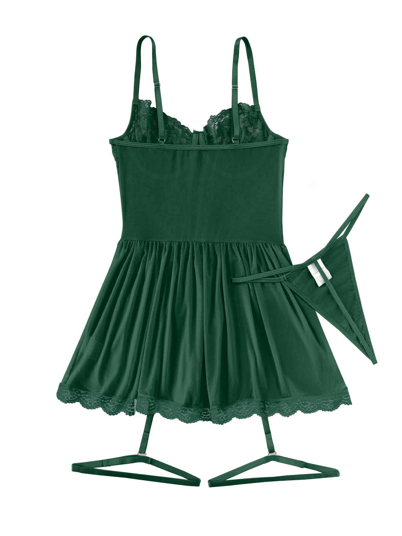 Lilosy Sexy Garter Belt Mesh Lace Babydoll Lingerie Dress Set with Thong: Wire Small Dark Green