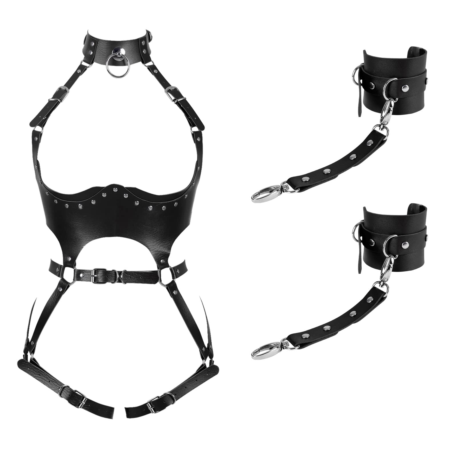 Waist Garter belt Punk Full body harness for women Photography Dance Rock Halloween Leather cage Chest strap set: Black