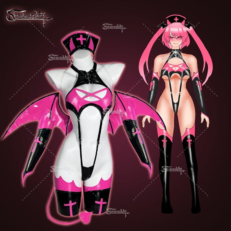 KORURACLUB Love-heart succubus costume（7-Piece Set） Pink premium pu cosplay lingerie Pink wing Love-heart succubus lingerie