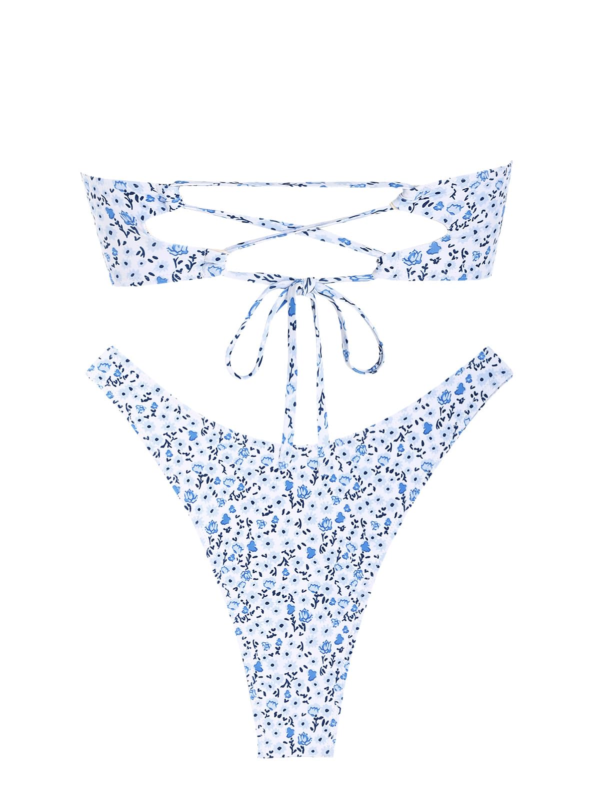 ZAFUL Women's Strapless Ribbed V Wired Lace Up Ruffle Tie High Cut Bandeau Swimsuits Bikini Set: 7-light Blue Small