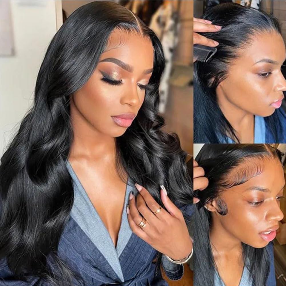 13x4 Body Wave Lace Front Wigs Human Hair Pre Plucked HD Transparent Lace Frontal Wig with Baby Hair 180 Density 9A Glueless Brazilian Virgin Human Hair Lace Front Wigs for Women 20 Inch Natural Black
