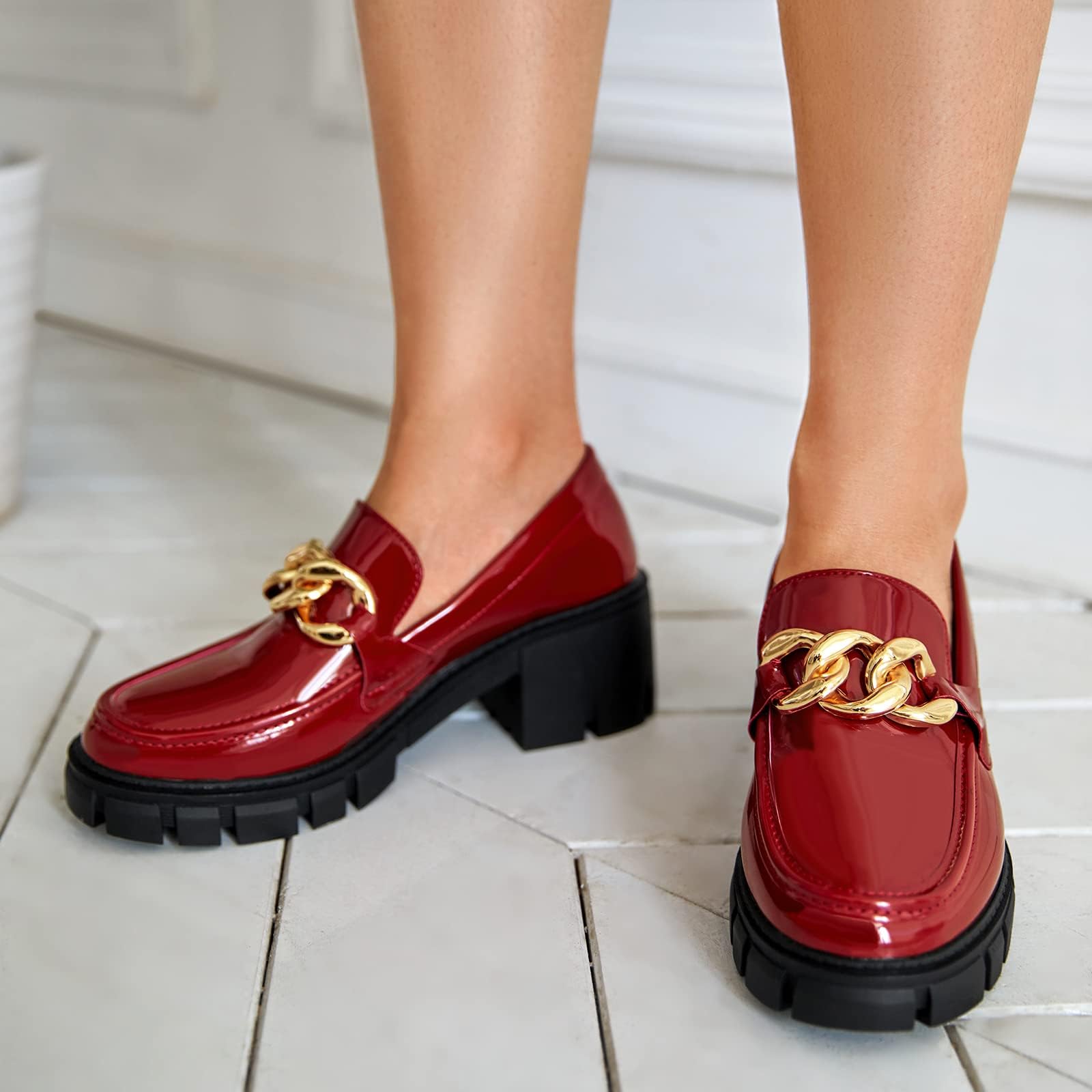 TINSTREE Platform Loafers for Women with Chain Comfort Chunky Heel Slip On Round Toe Business Work Shoes thumbnail 5