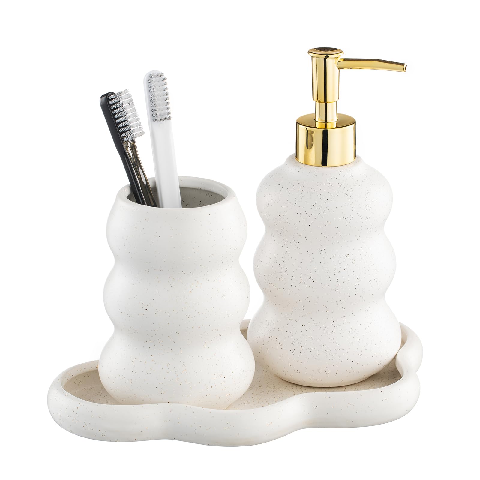 Silver Bathroom Accessory Set, 3-Piece Ceramic Bath Accessories Set with Tray, Lotion Dispenser, and Tumbler: Beige