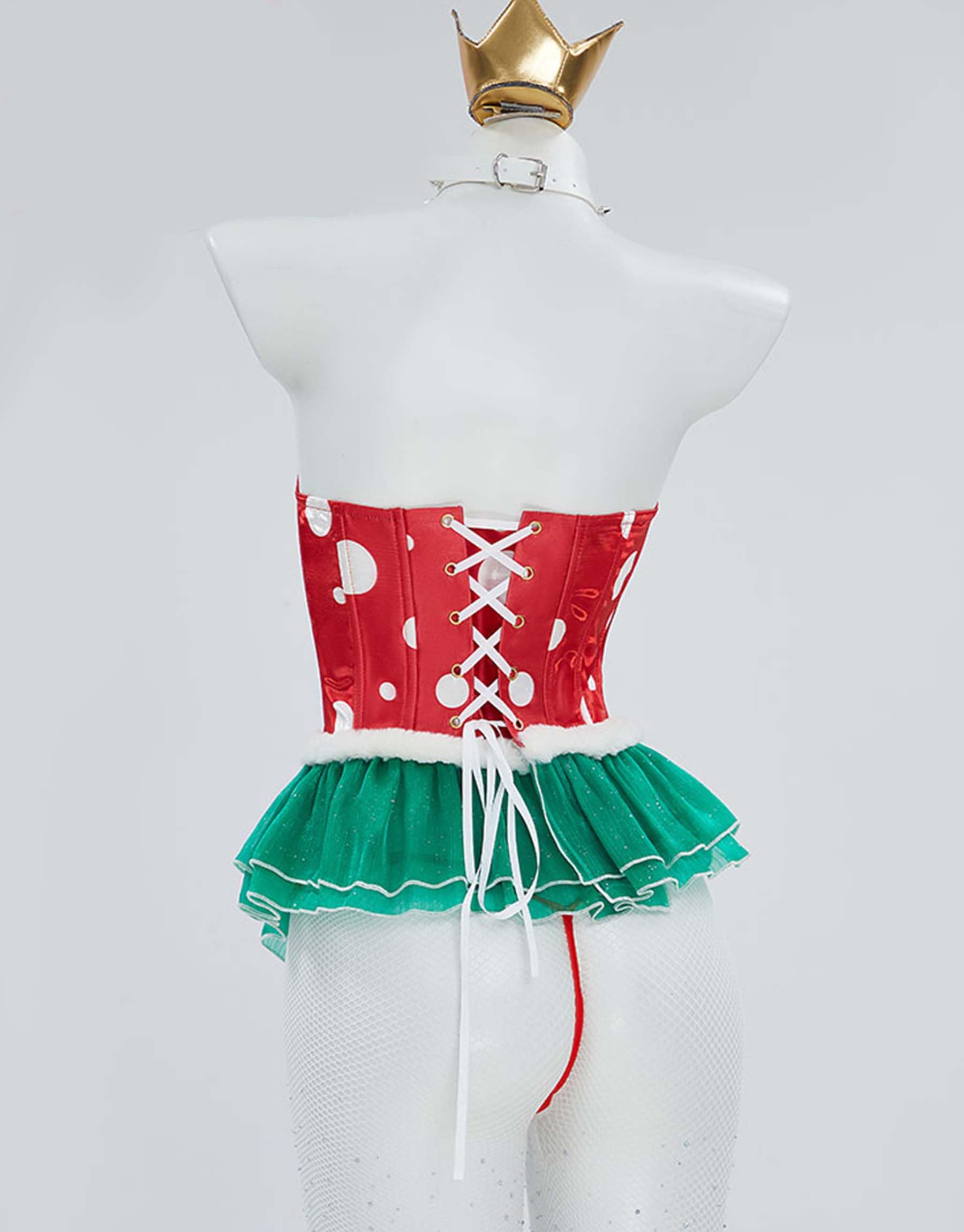 Mobbunny Women Sexy Princess Cosplay Set Mushroom Costume Ruffles Corset Top and Thong with Pantyhose and Gloves thumbnail 3