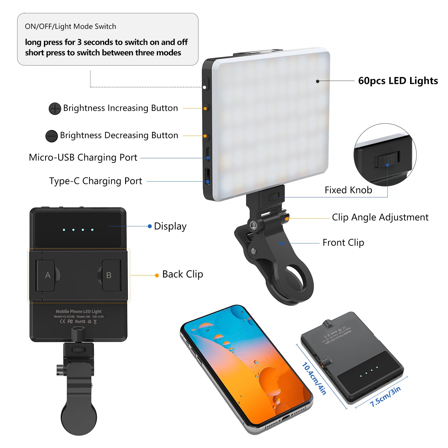 OLRPT Selfie Light, Phone Light Underwater Continuous Lights, 60 LED Portable Light with 3 Modes, 5000mAh Rechargeable Video Light for Phone, iPhone, IPad, Laptop, TikTok, Makeup, Live Stream, Vlog: Black