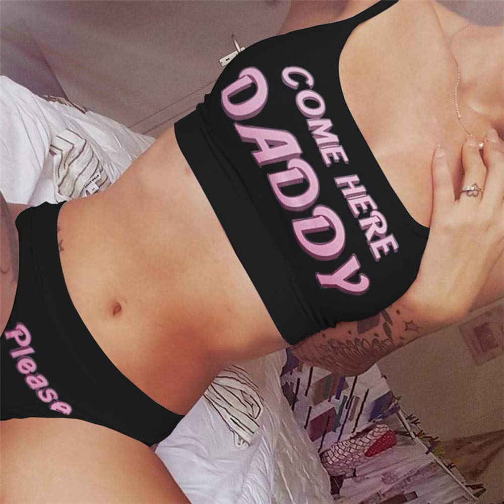 Multitrust Sexy Women Come Here Daddy Please Strappy Lingerie Set 2PCS Slutty Underwear Tank Tops and Panty Pajamas Sleepwear: Large Black