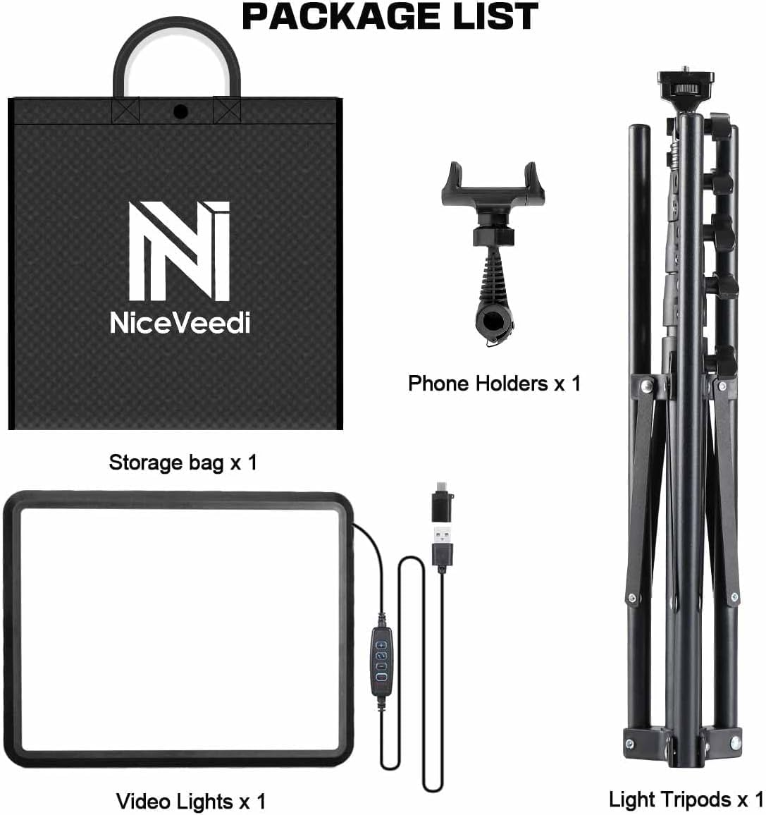 2-Pack Photography Lighting Kit, NiceVeedi 22W LED Video Light Kit, 2900-7000K Dimmable Studio Light with Tripod Stand, 73" Stream Light for Video Recording: 15W-1 Packs(USB-C Adapters)