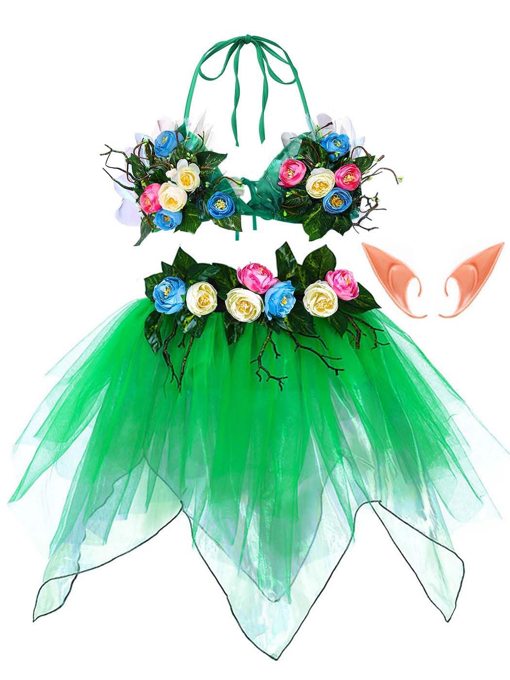TWINKLEDE Women's Fairy Outfit Costume Floral Elf Tulle Tutu Skirt Forest Princess 3D Floral Bra Tops and Elf Ears